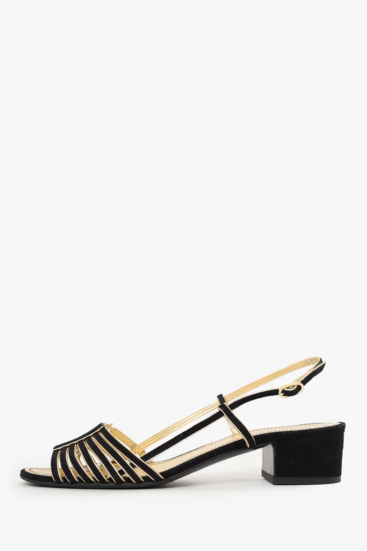 Pre-Loved Chanel™ Black/Gold Suede/Leather Block Heeled Sandals Size 39.5