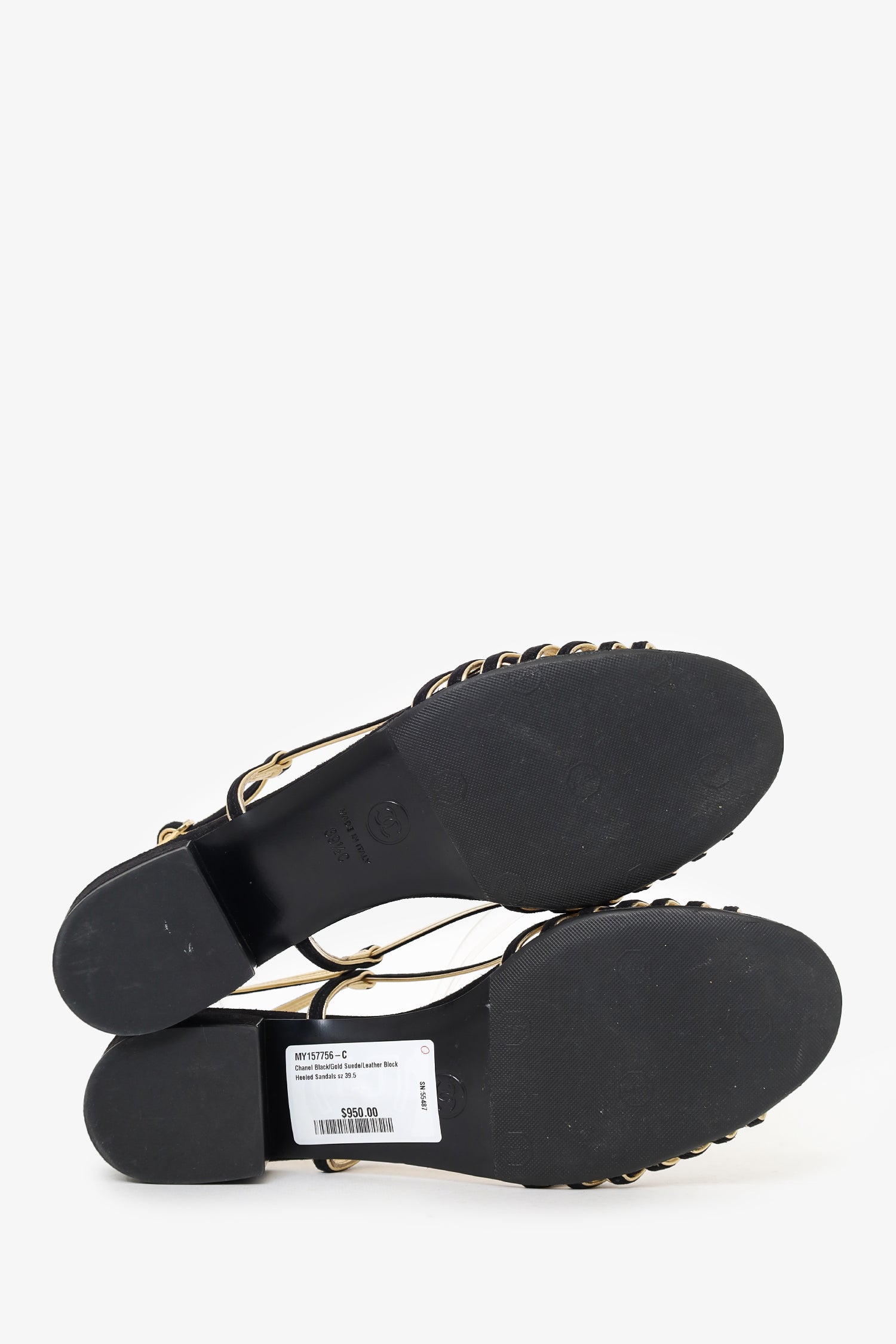 Pre-Loved Chanel™ Black/Gold Suede/Leather Block Heeled Sandals Size 39.5