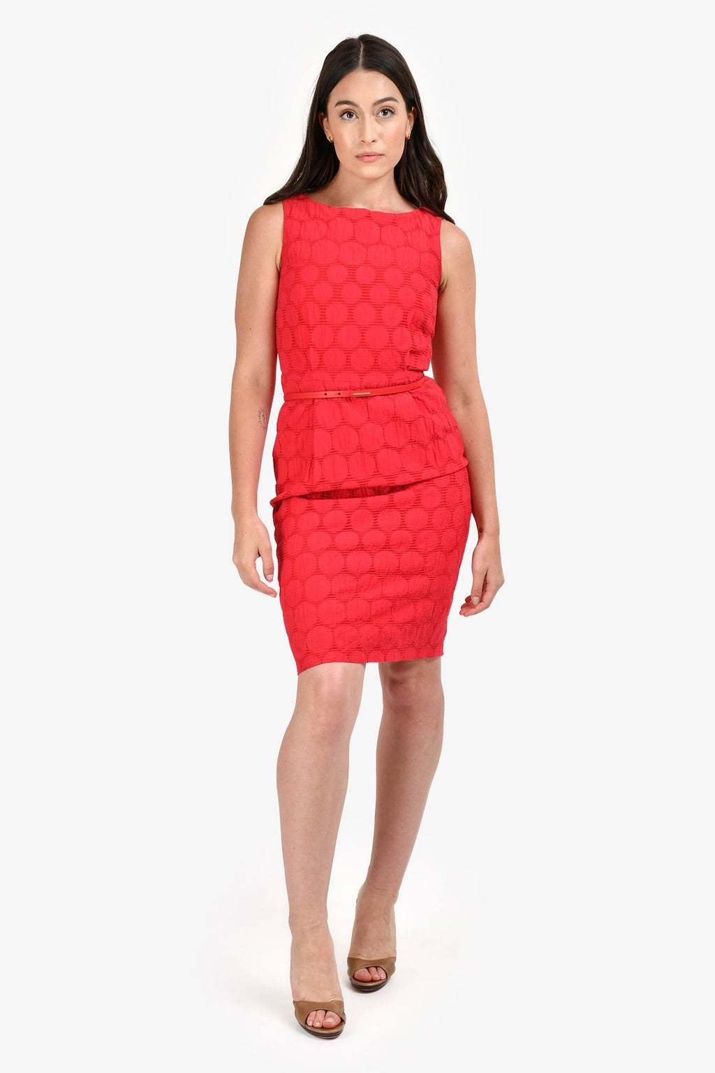 Max Mara Red Cotton Circle Pattern Midi Dress with Belt Size 6