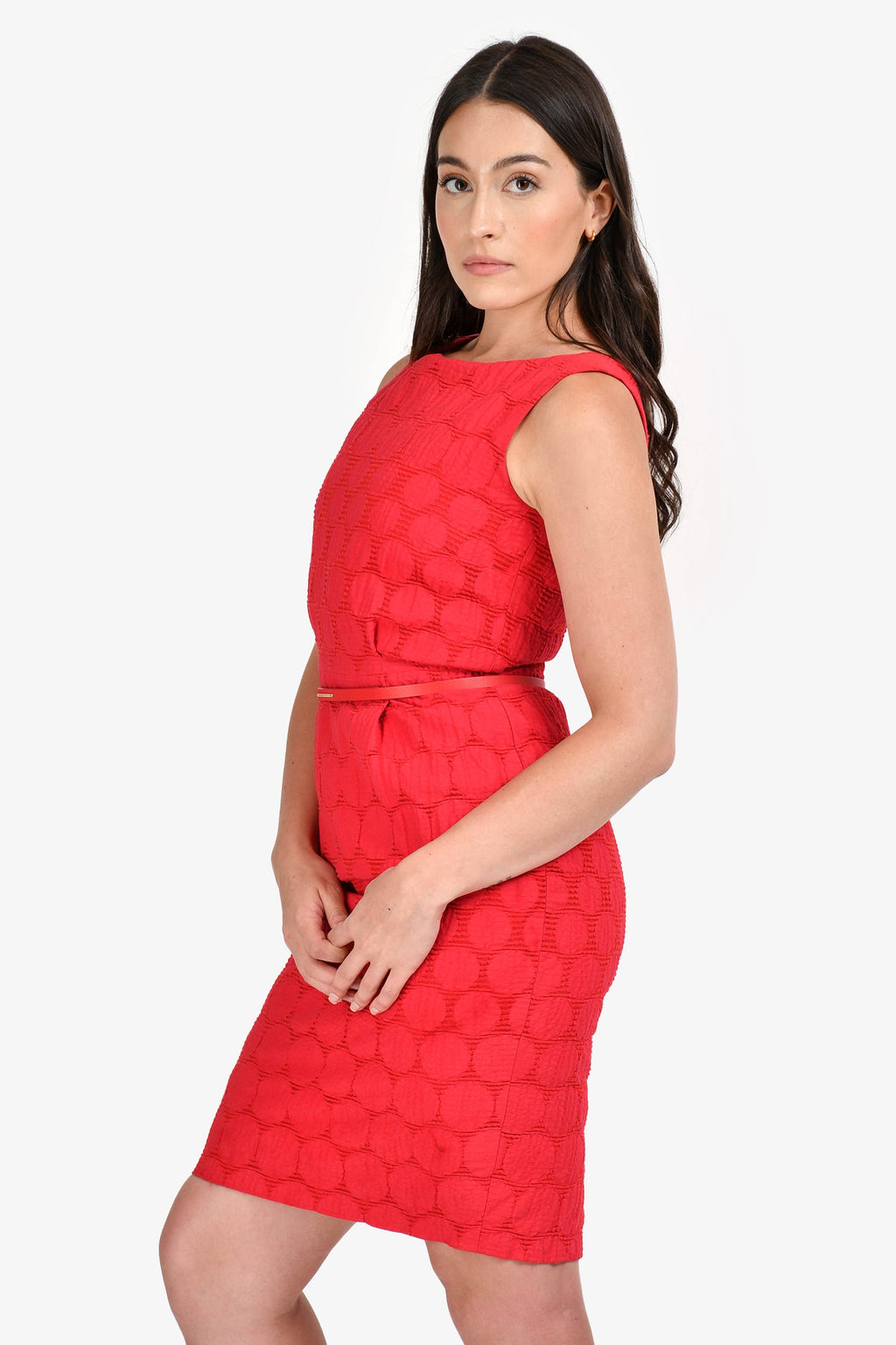 Max Mara Red Cotton Circle Pattern Midi Dress with Belt Size 6