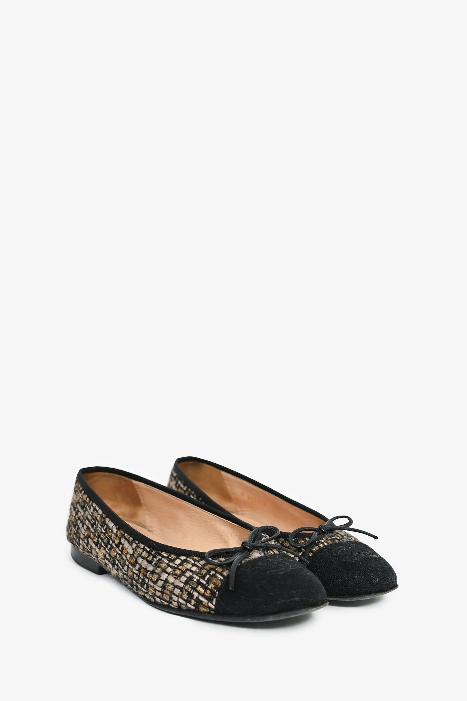 Pre-Loved Chanel™ Black/Brown Metallic Tweed Cap Toe Ballet Flats Size 36.5