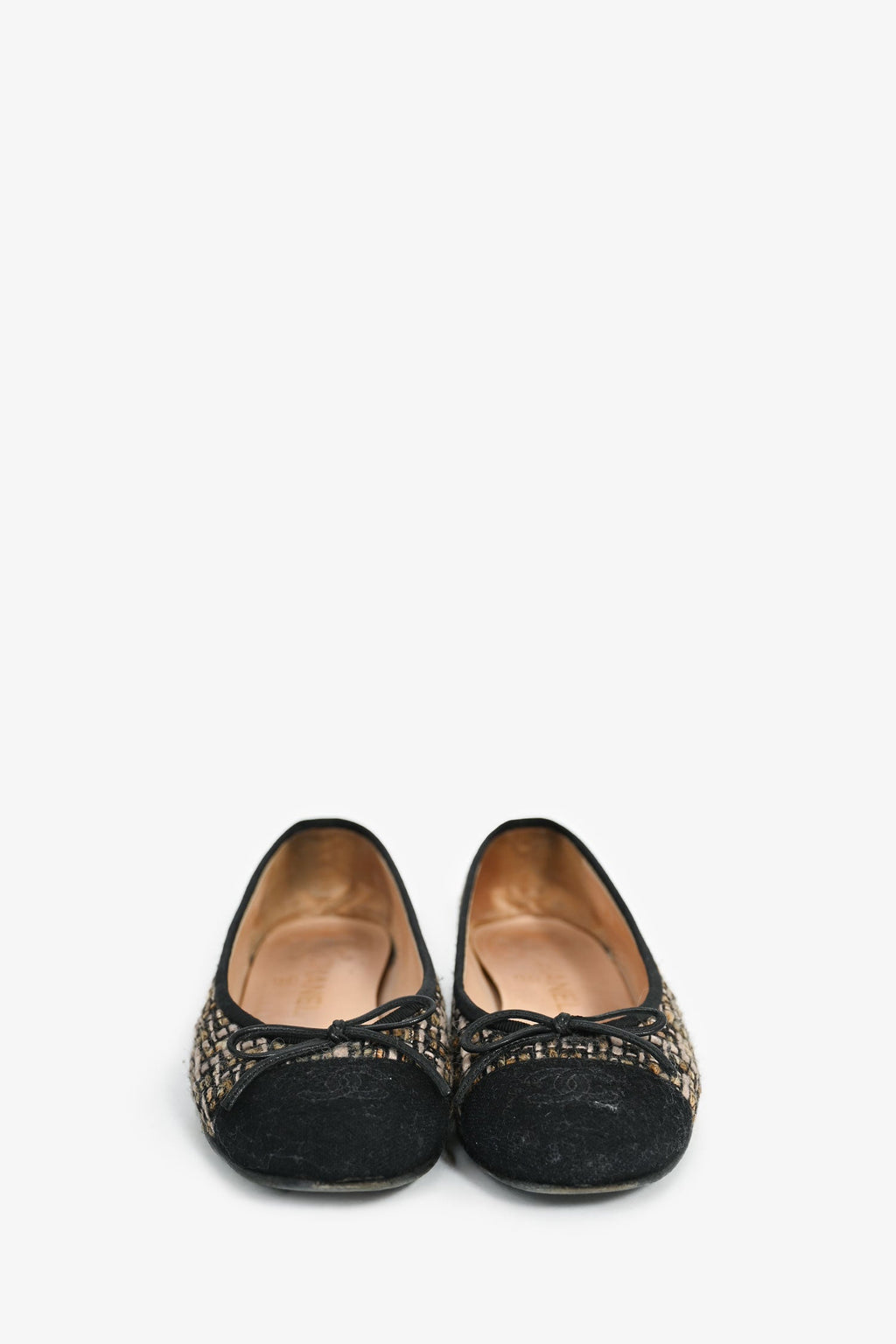 Pre-Loved Chanel™ Black/Brown Metallic Tweed Cap Toe Ballet Flats Size 36.5