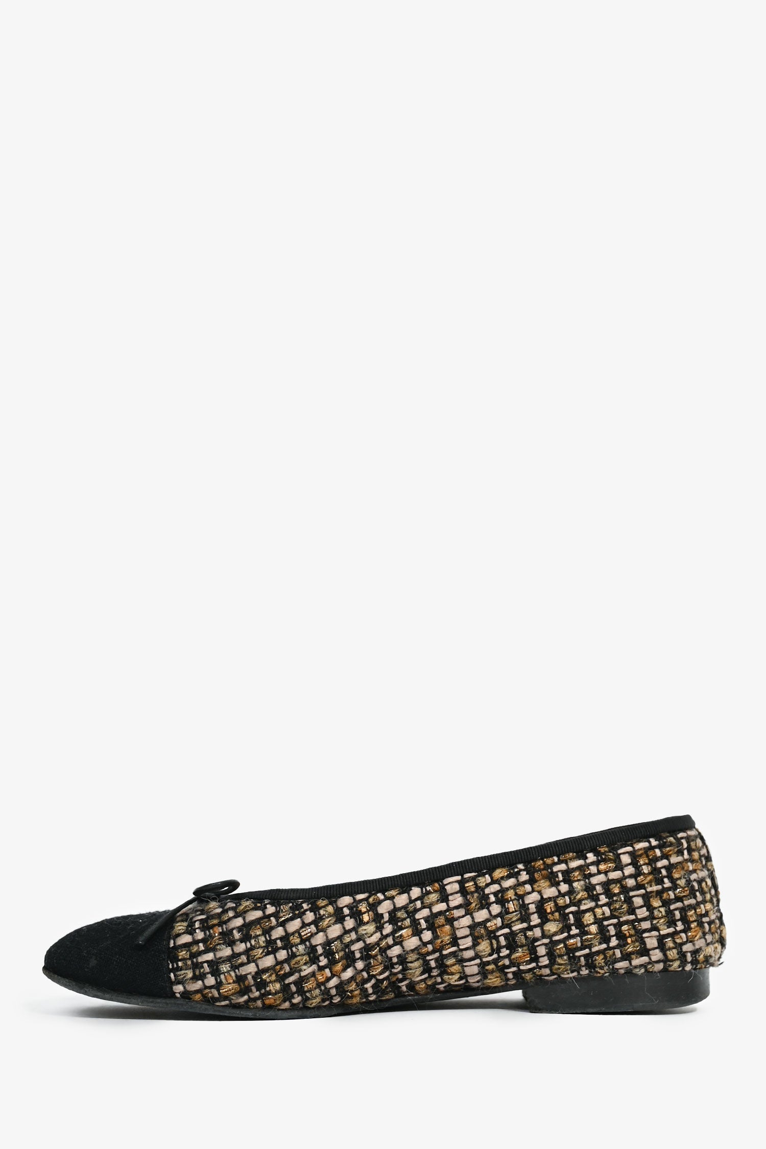 Pre-Loved Chanel™ Black/Brown Metallic Tweed Cap Toe Ballet Flats Size 36.5