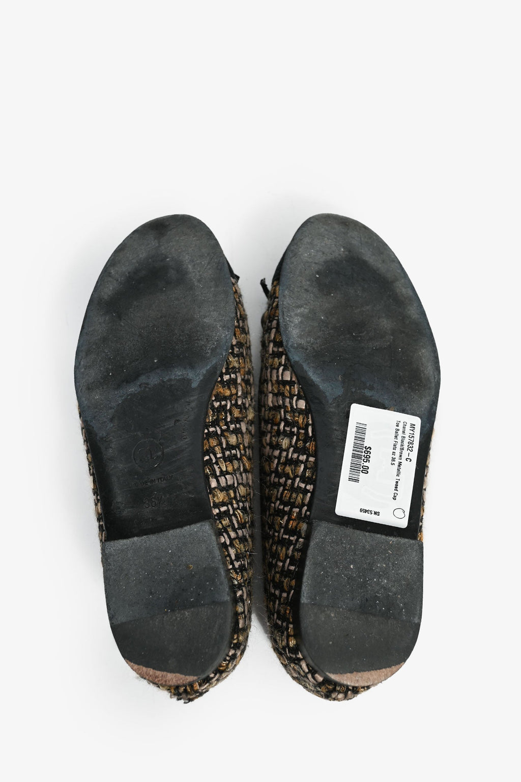 Pre-Loved Chanel™ Black/Brown Metallic Tweed Cap Toe Ballet Flats Size 36.5