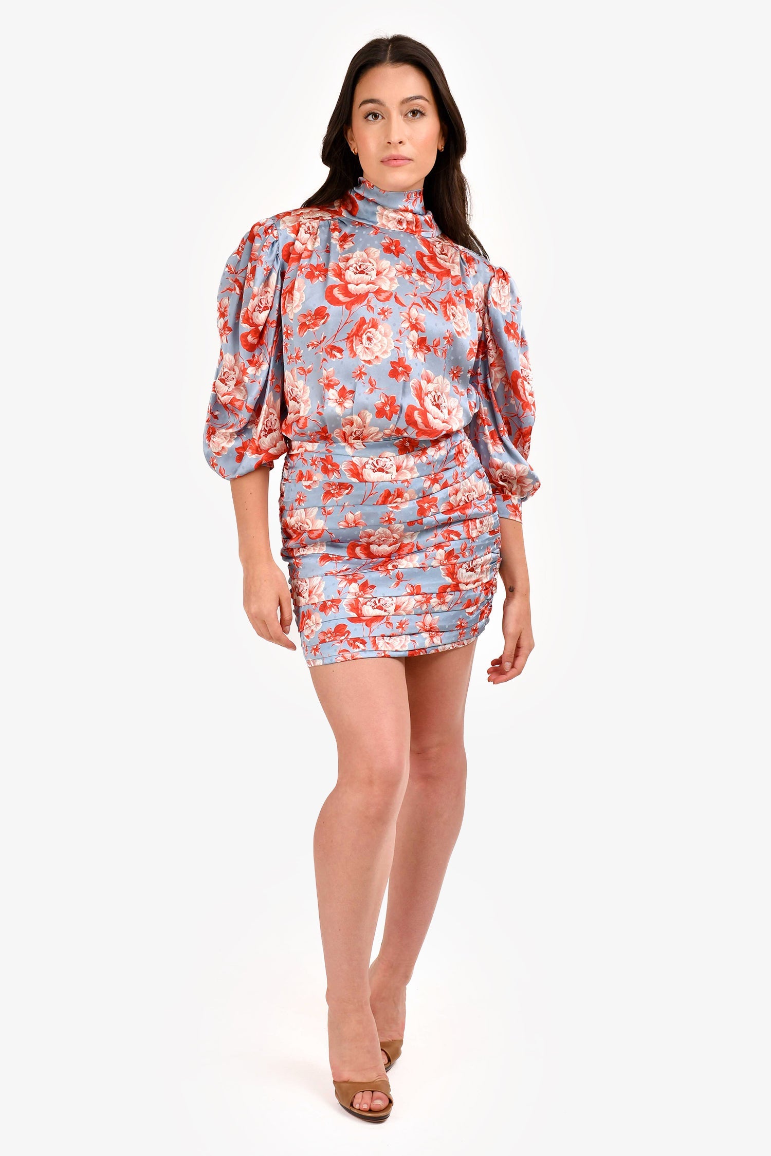 Magda Butrym Blue/Red Floral Silk Long Sleeve Mini Dress Size 36