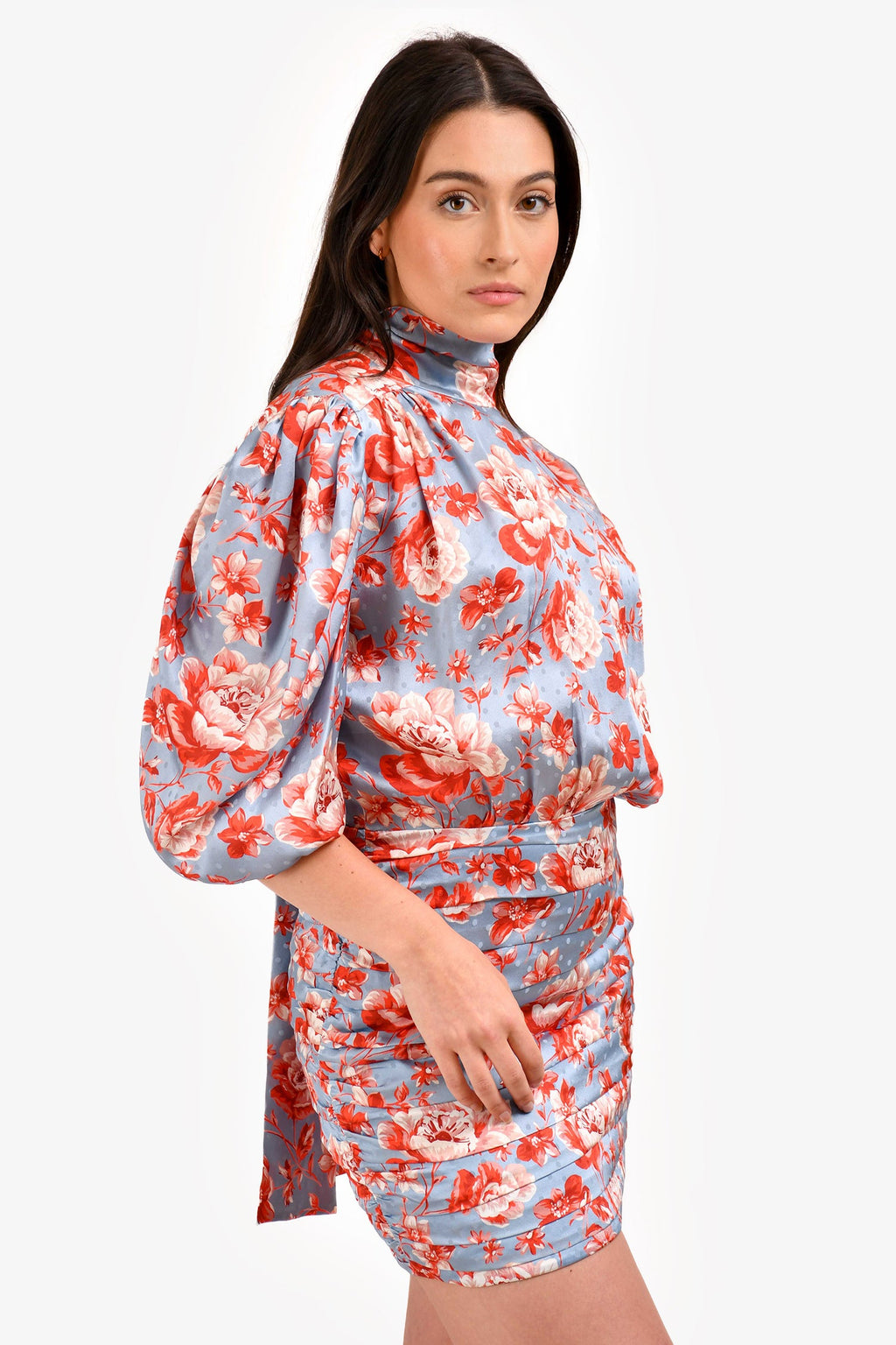 Magda Butrym Blue/Red Floral Silk Long Sleeve Mini Dress Size 36
