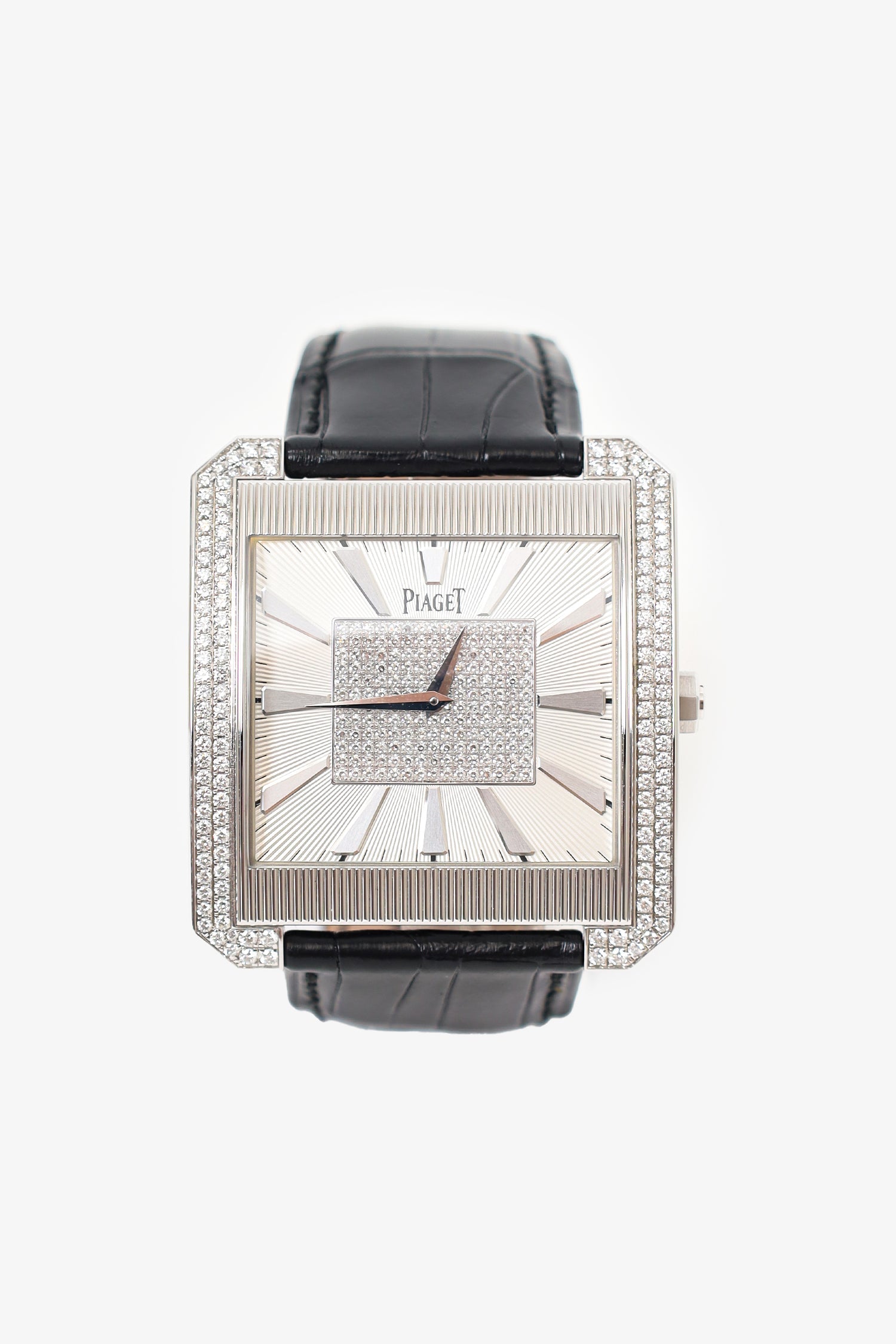 Piaget 18K White Gold Diamond Black Tie Maunual Winding Crocodile Leather Strap Watch