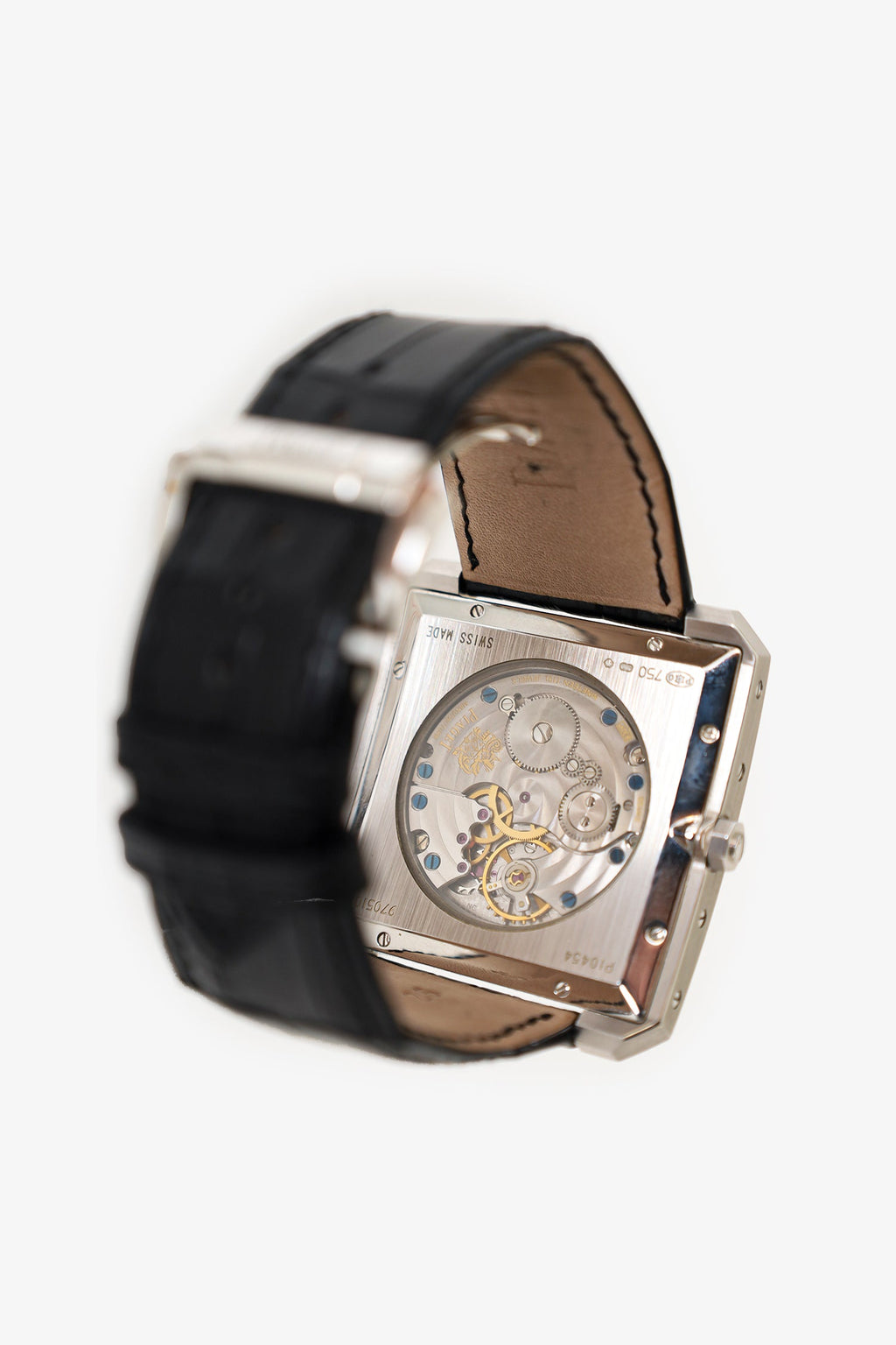Piaget 18K White Gold Diamond Black Tie Maunual Winding Crocodile Leather Strap Watch