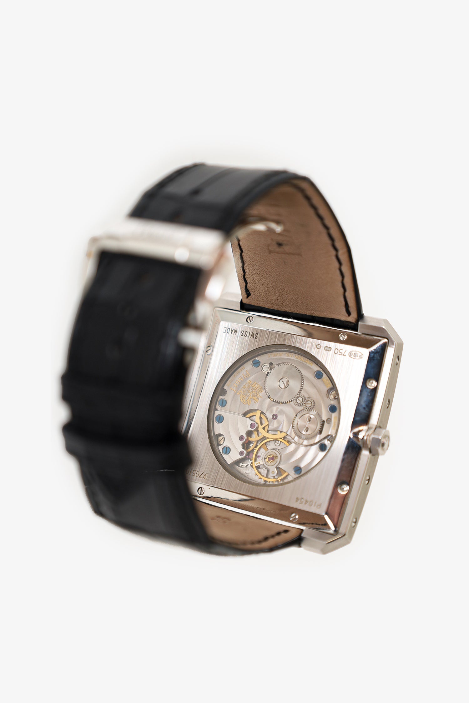 Piaget 18K White Gold Diamond Black Tie Maunual Winding Crocodile Leather Strap Watch