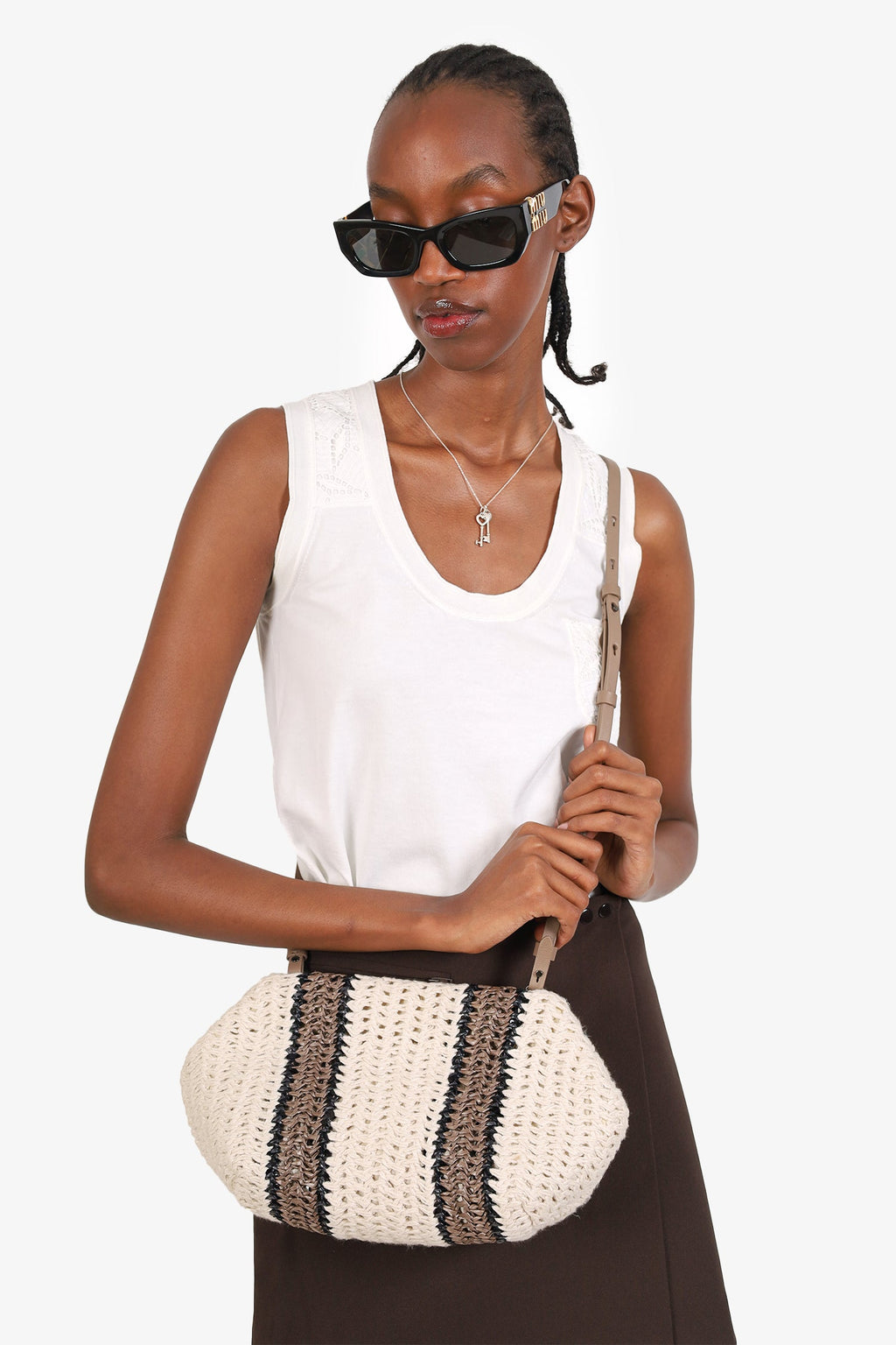 Brunello Cucinelli White/Brown/Black Small Crochet Regimental Straw Effect Pouch with Strap