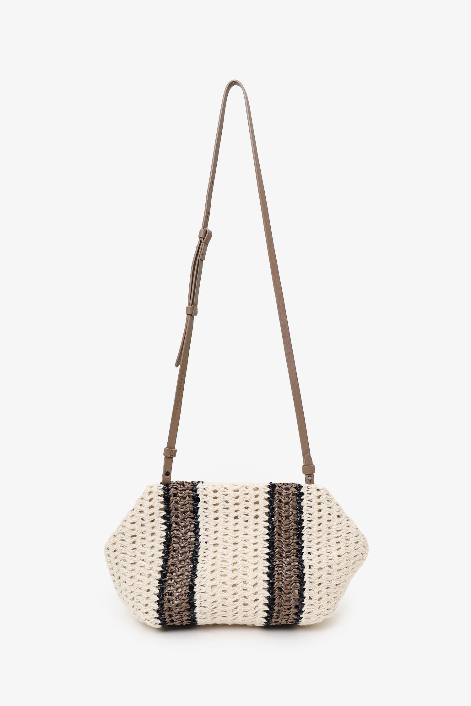 Brunello Cucinelli White/Brown/Black Small Crochet Regimental Straw Effect Pouch with Strap