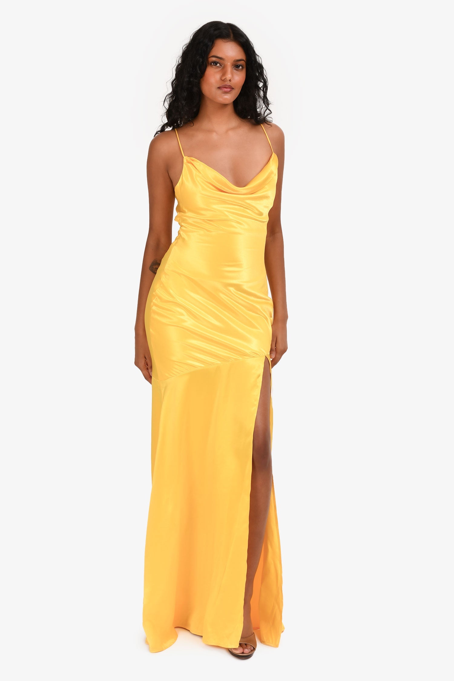 Lovers + Friends Yellow Cowl Neck Backless Gown Size XS