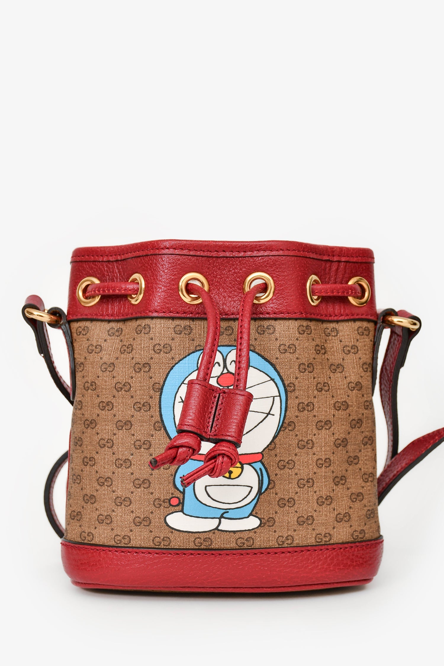 Gucci X Doreamon Brown/Red Canvas/Leather GG Supreme Mini Bucket Bag