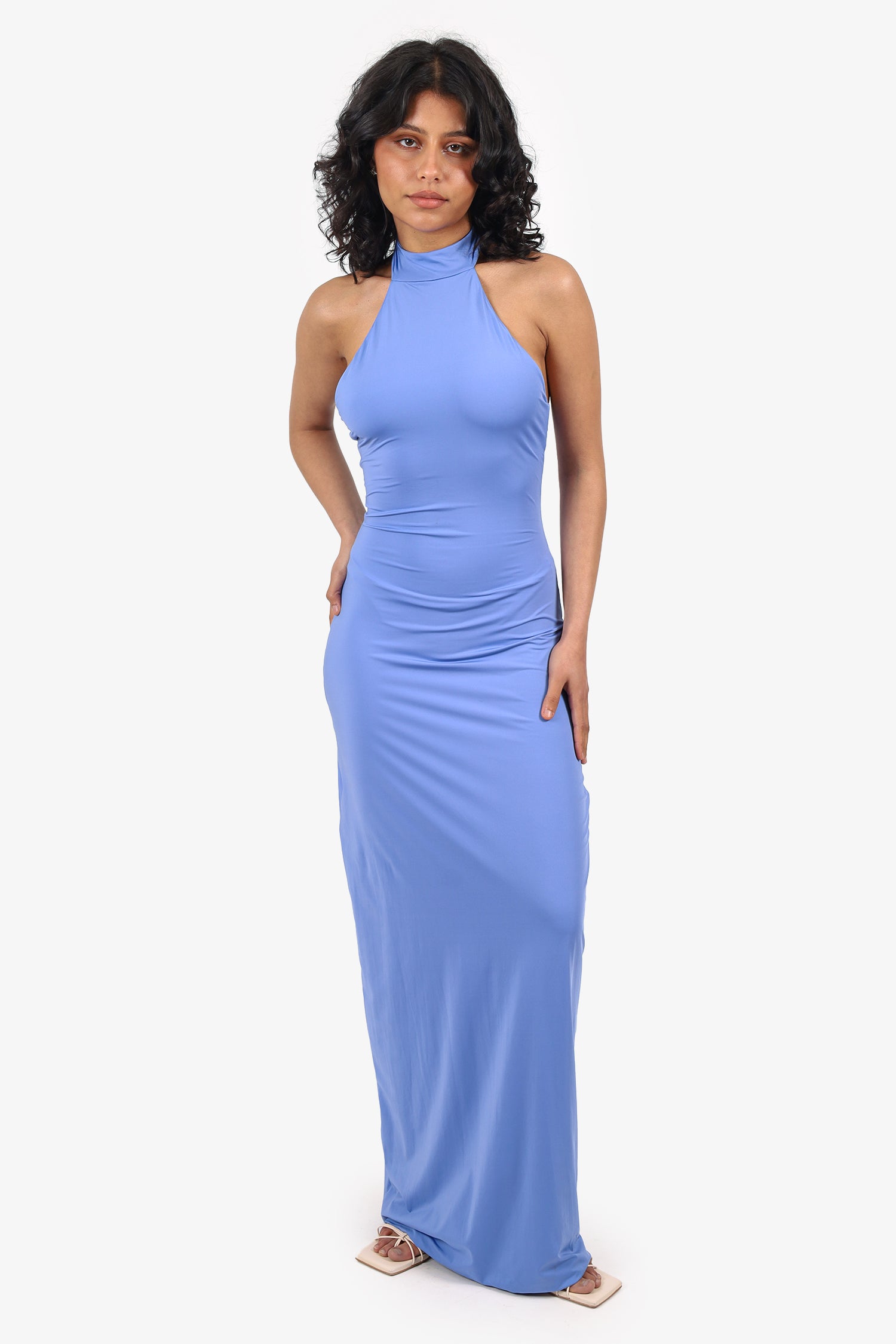 Maygel Coronel Periwinkle Blue High Neck Floral detail Maxi Dress Size O/S