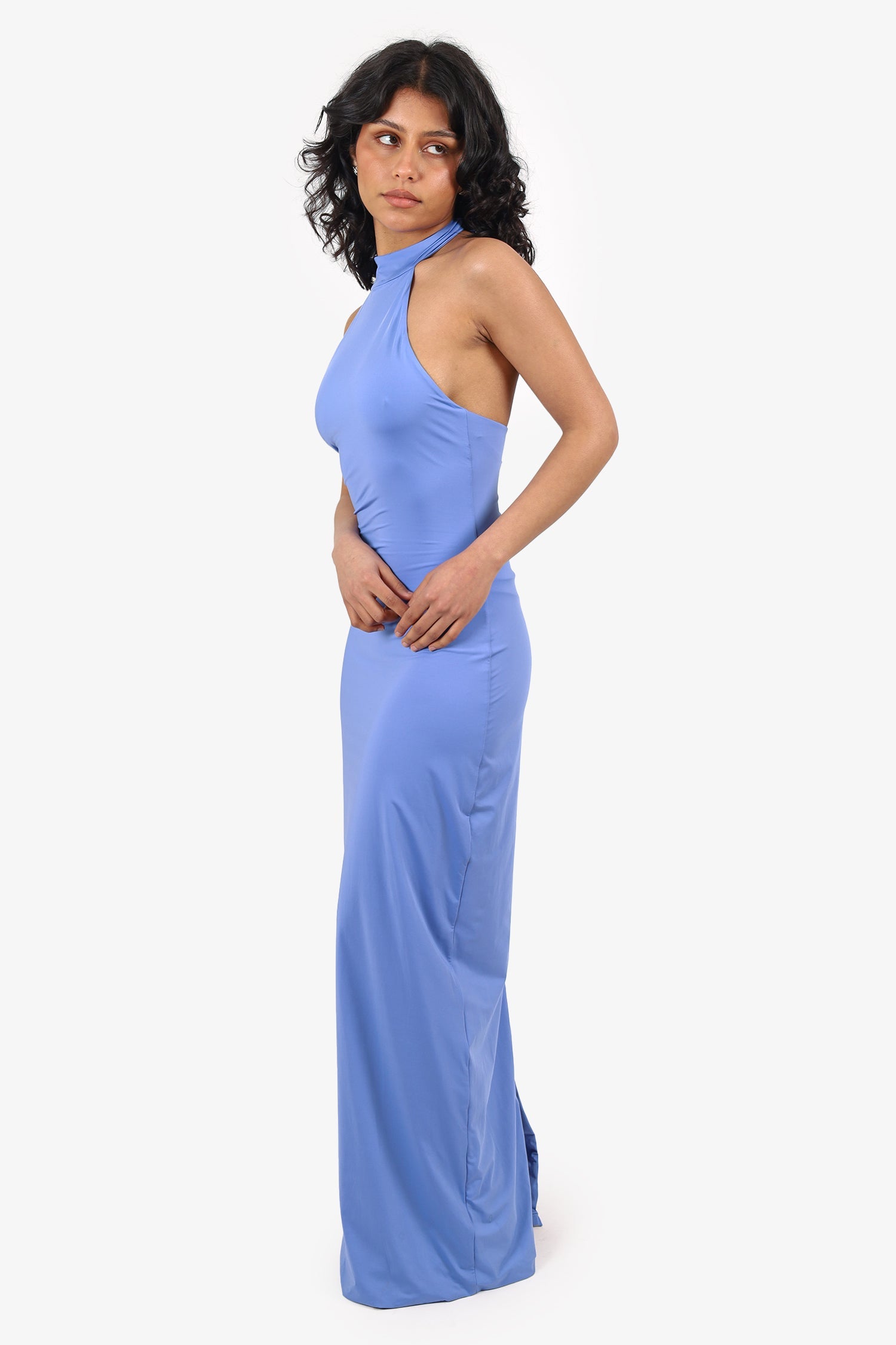 Maygel Coronel Periwinkle Blue High Neck Floral detail Maxi Dress Size O/S