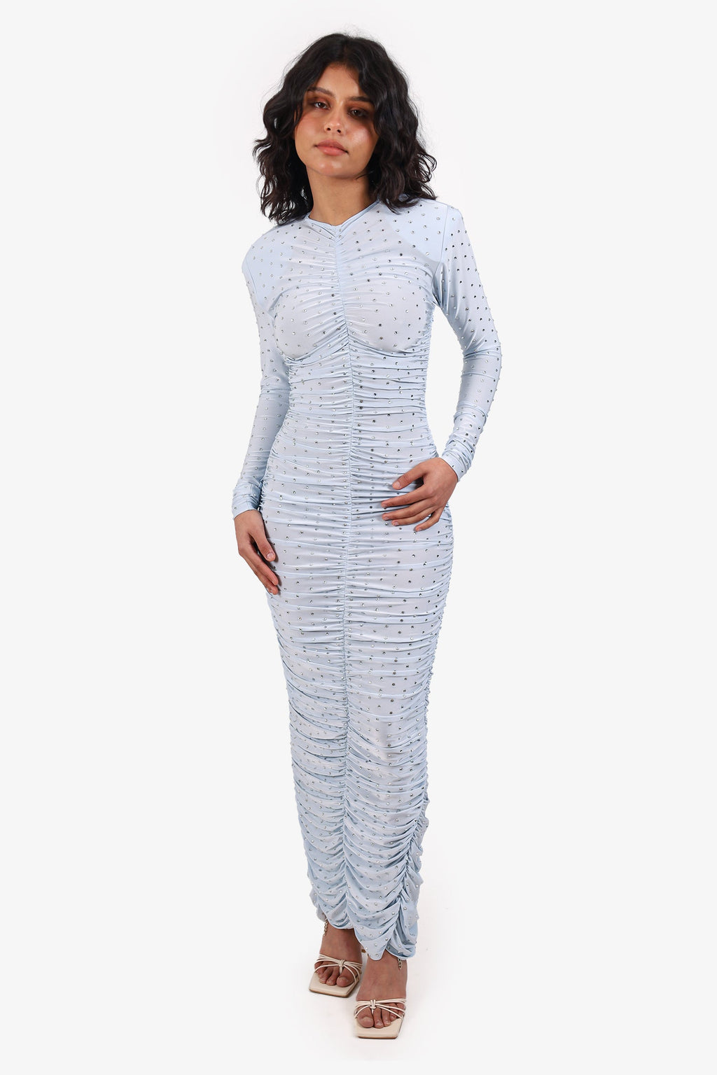 New Arrivals Sky Blue Embellished Ruched Maxi Dress Size 34
