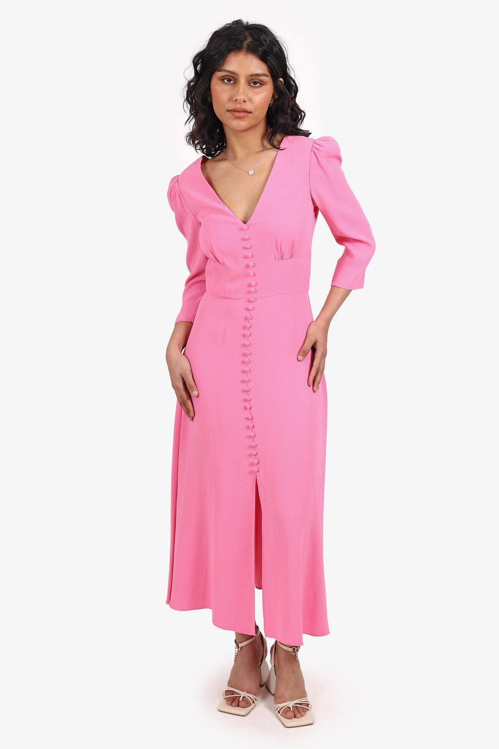 Saloni Pink Button Detail Midi Dress Size 0