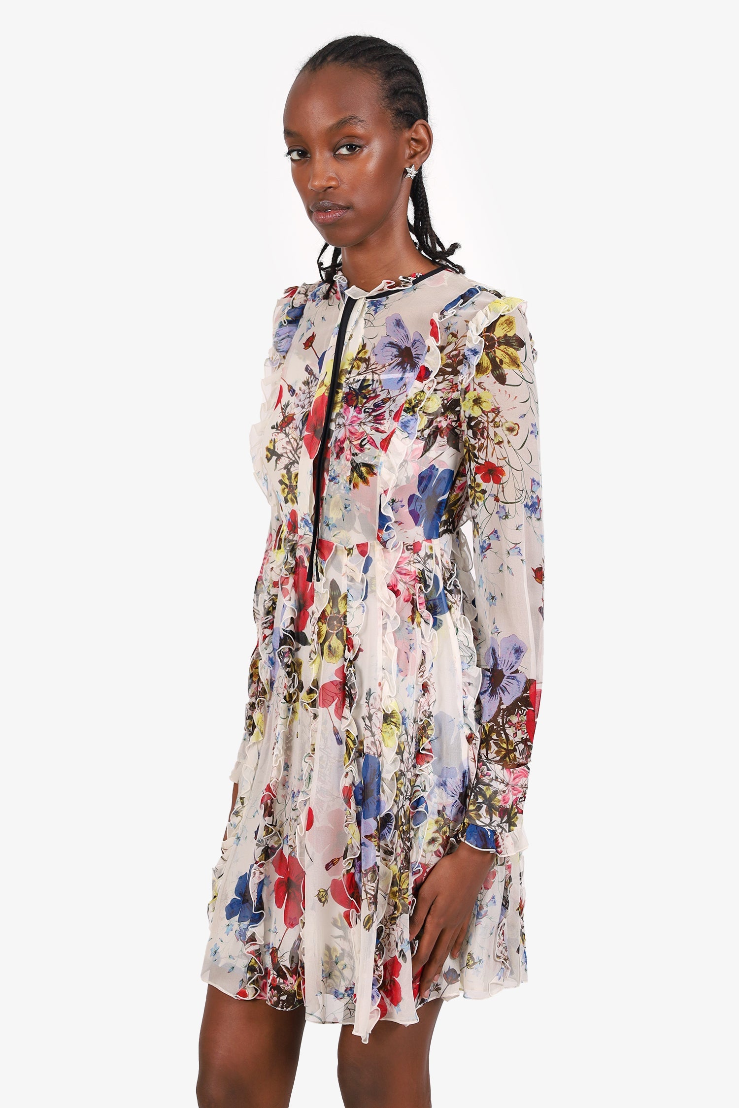 Erdem Multicolour Floral Sheer Ruffle Dress With Slip Estimated Size S
