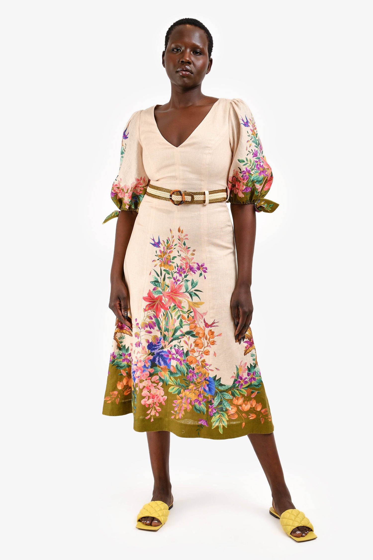 Zimmermann Pink/Multicolour Floral Linen Midi Dress Size 2