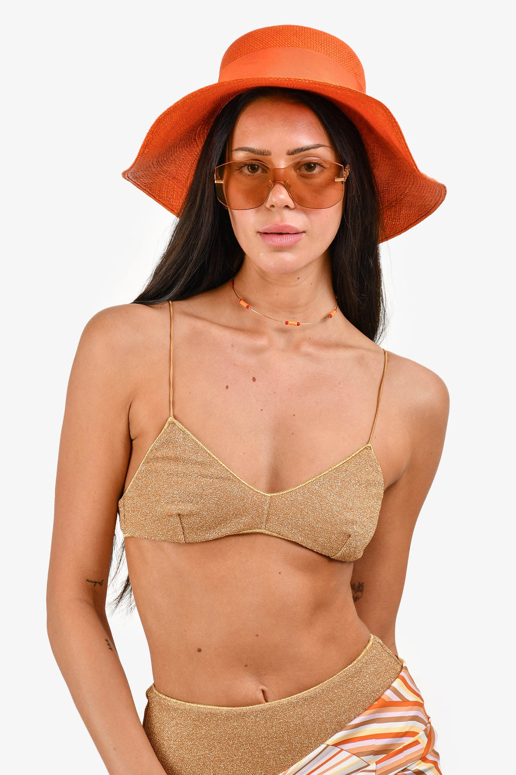 Loro Piana Orange Canvas Logo Wide Brim Hat