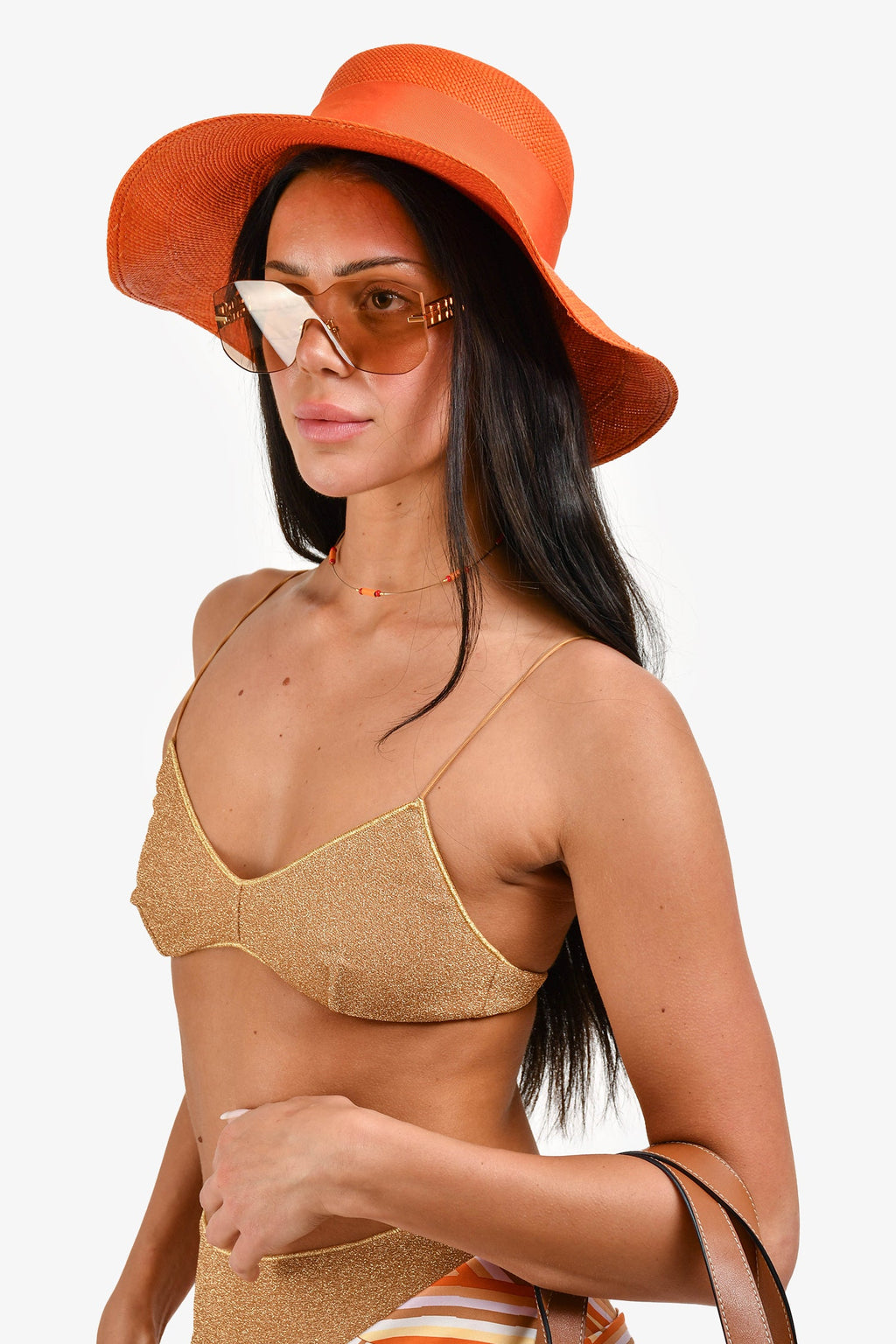 Loro Piana Orange Canvas Logo Wide Brim Hat