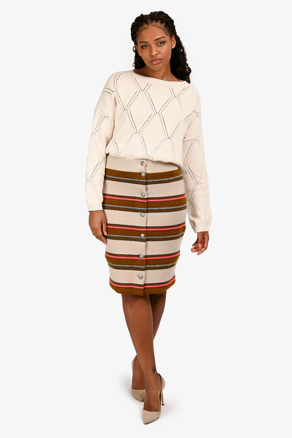 Pre-Loved Chanel™ Beige/Multi Striped Knit Skirt Size 40