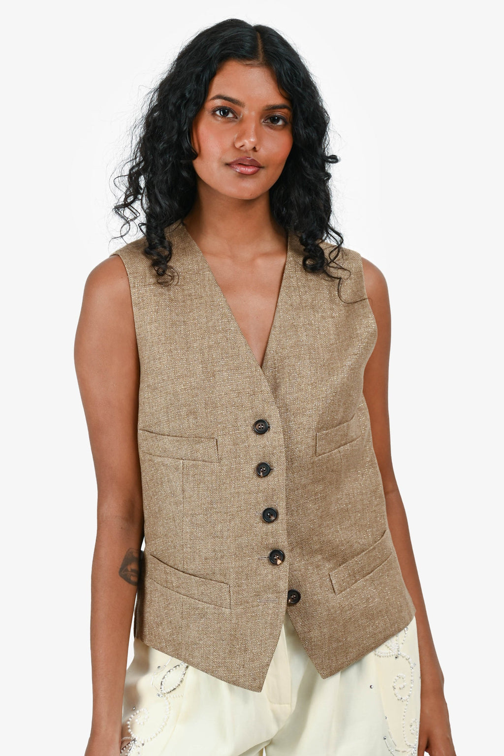 Brunello Cucinelli Beige/Gold Shimmer Linen Vest Size 42