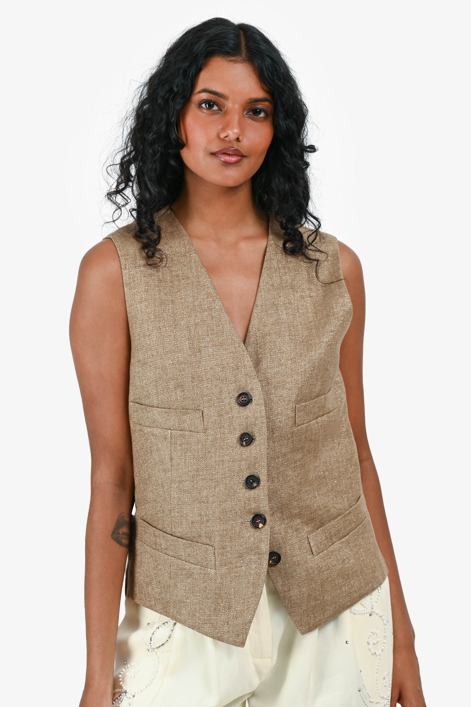 Brunello Cucinelli Beige/Gold Shimmer Linen Vest Size 42