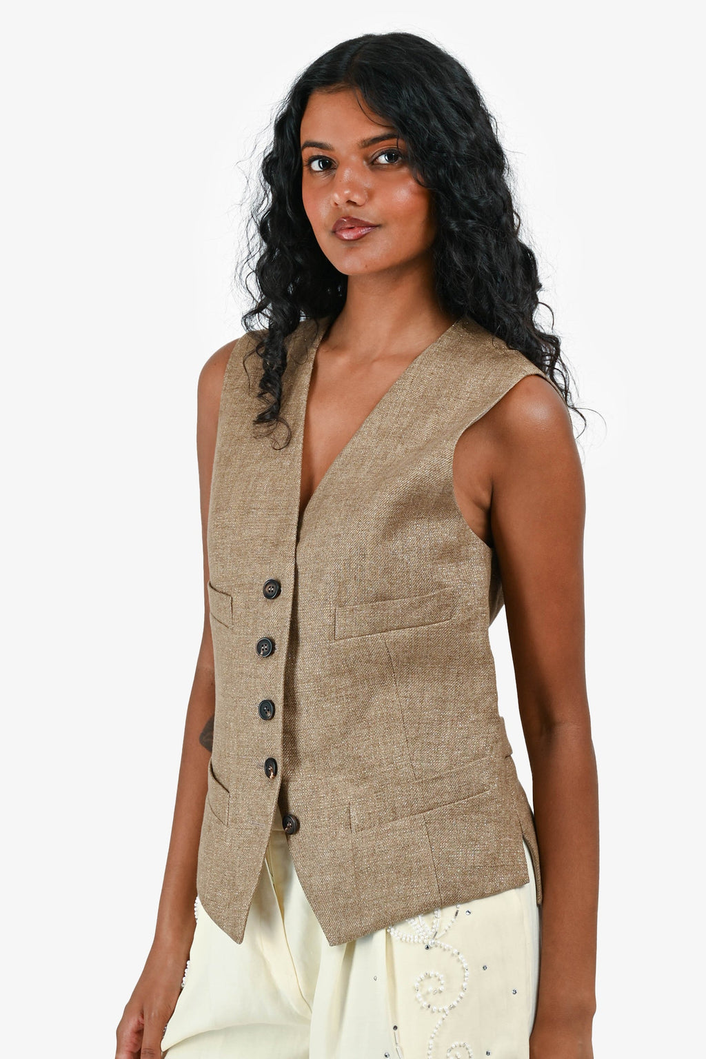 Brunello Cucinelli Beige/Gold Shimmer Linen Vest Size 42