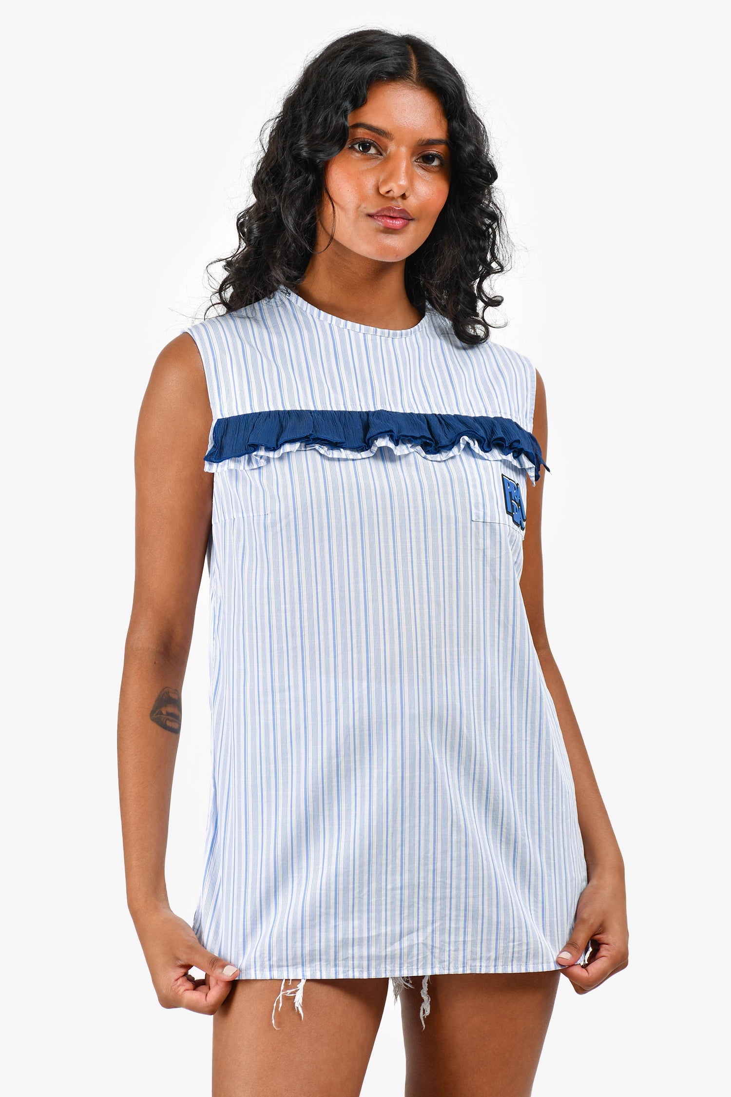 Prada White/Blue Striped Ruffled Detail Logo Applique Top Size 42