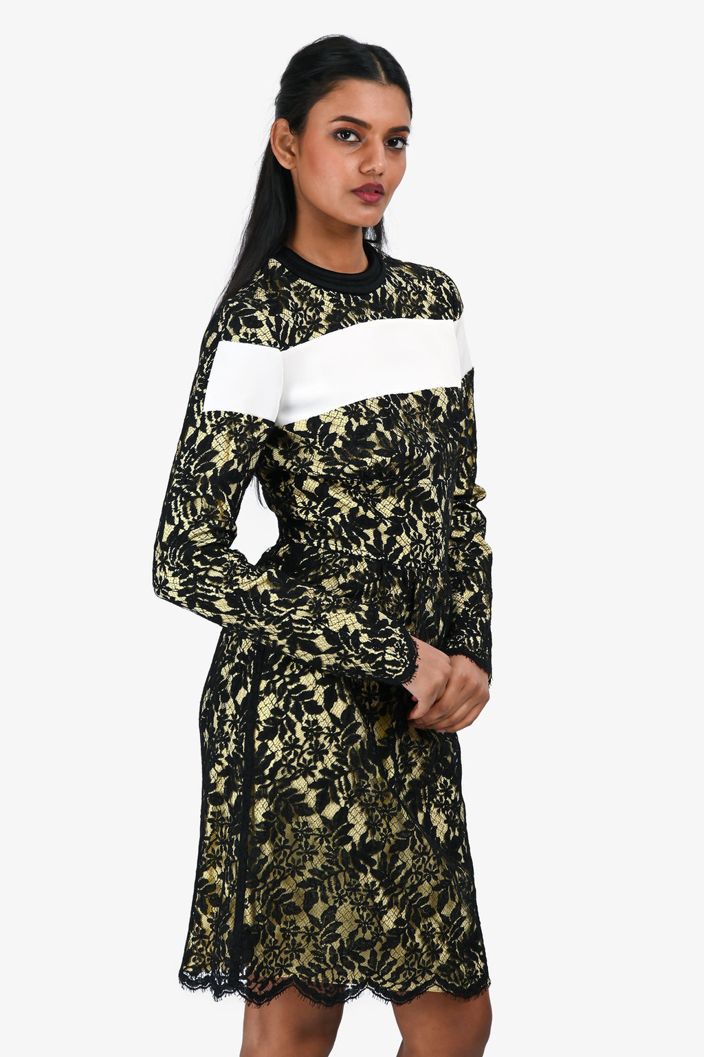 Louis Vuitton Black/Yellow Lace Leather Trim  Long Sleeve Midi Dress Size 36