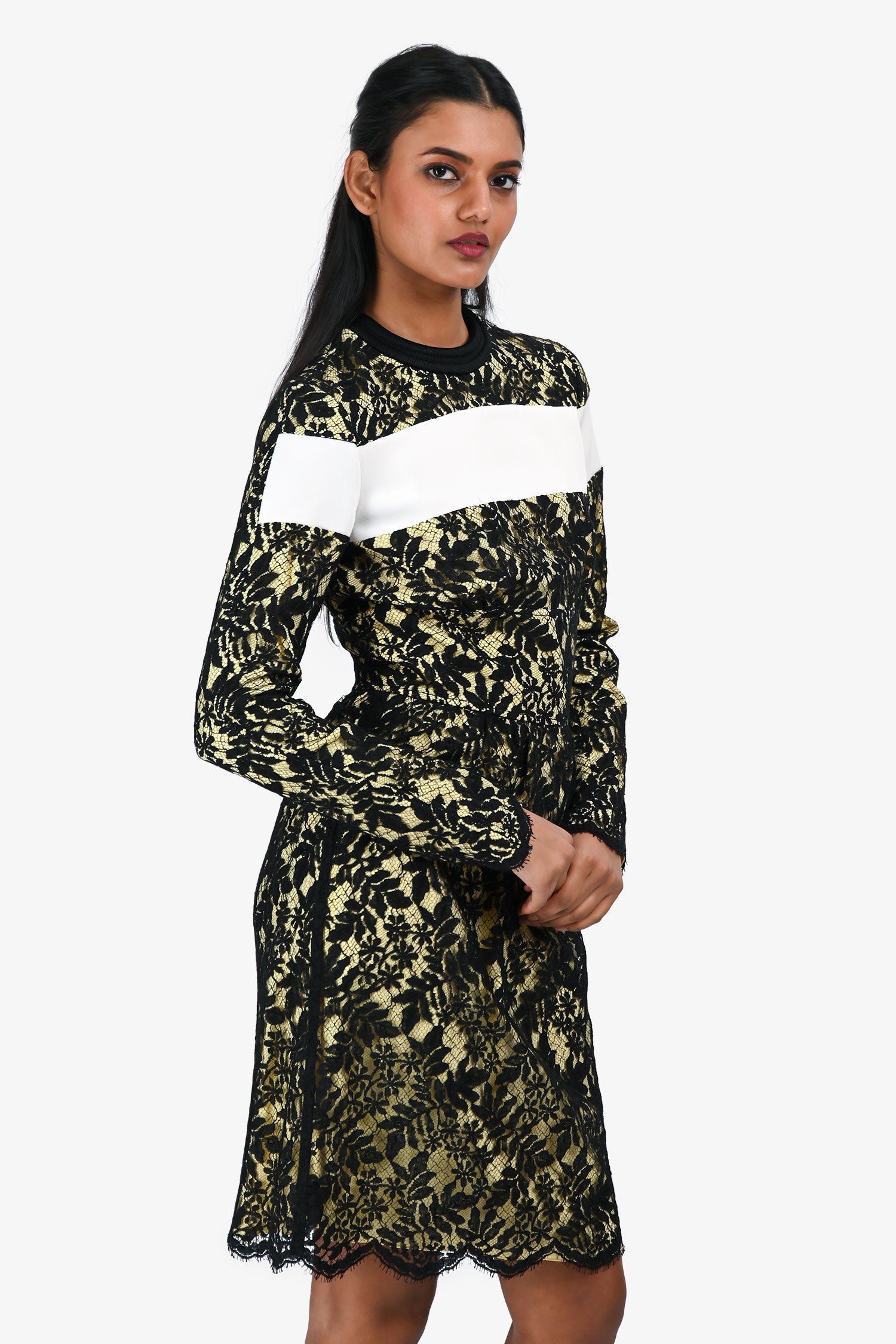 Louis Vuitton Black/Yellow Lace Leather Trim  Long Sleeve Midi Dress Size 36