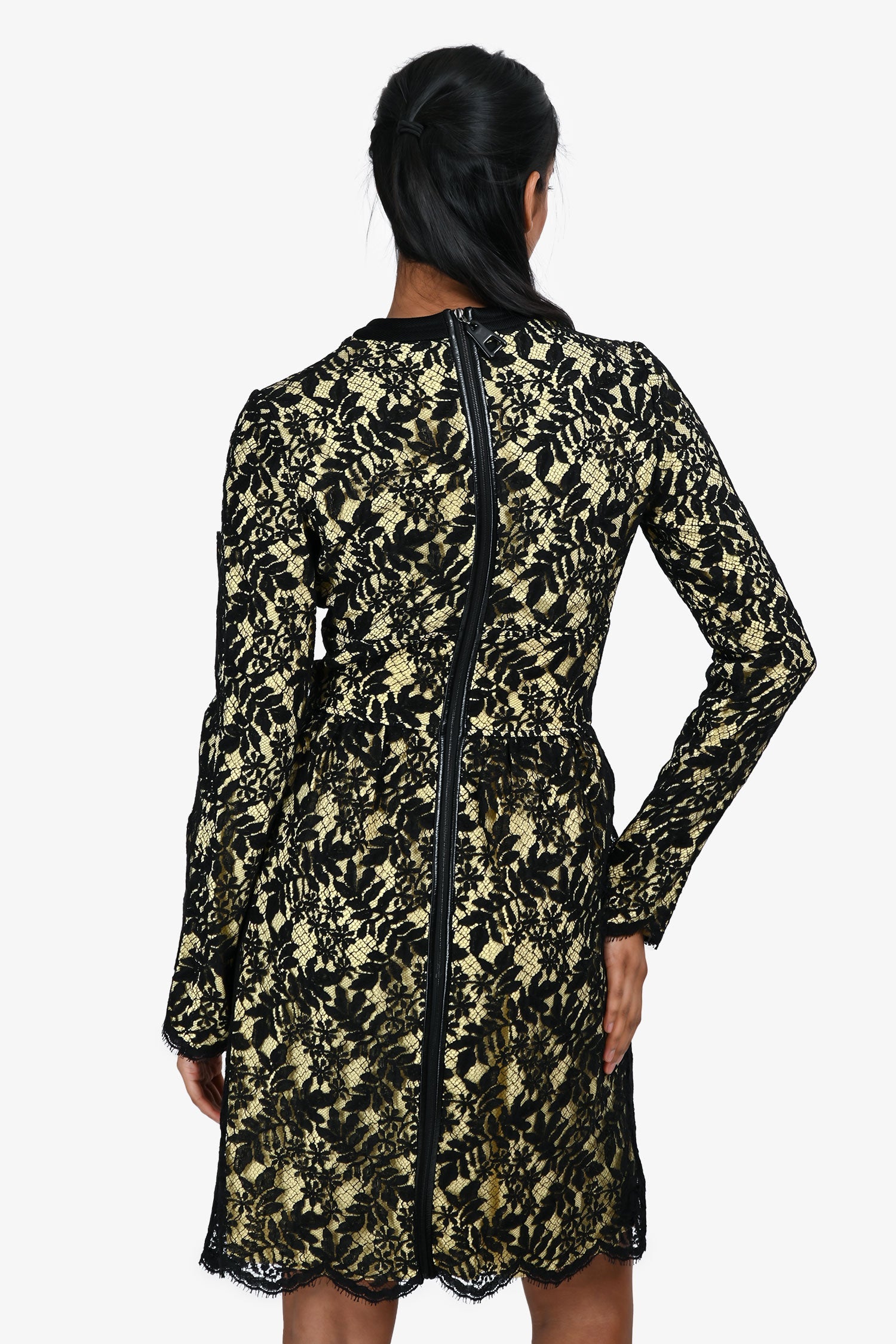Louis Vuitton Black/Yellow Lace Leather Trim  Long Sleeve Midi Dress Size 36