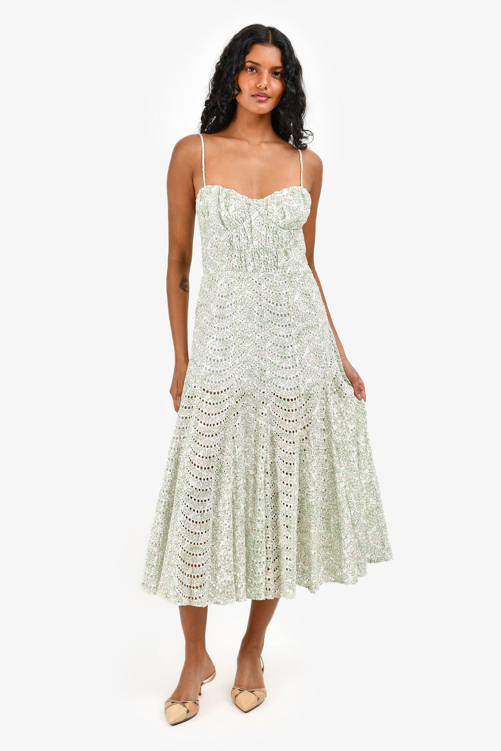 Misa Green/Pink Eyelet Cotton Midi Dress Size S