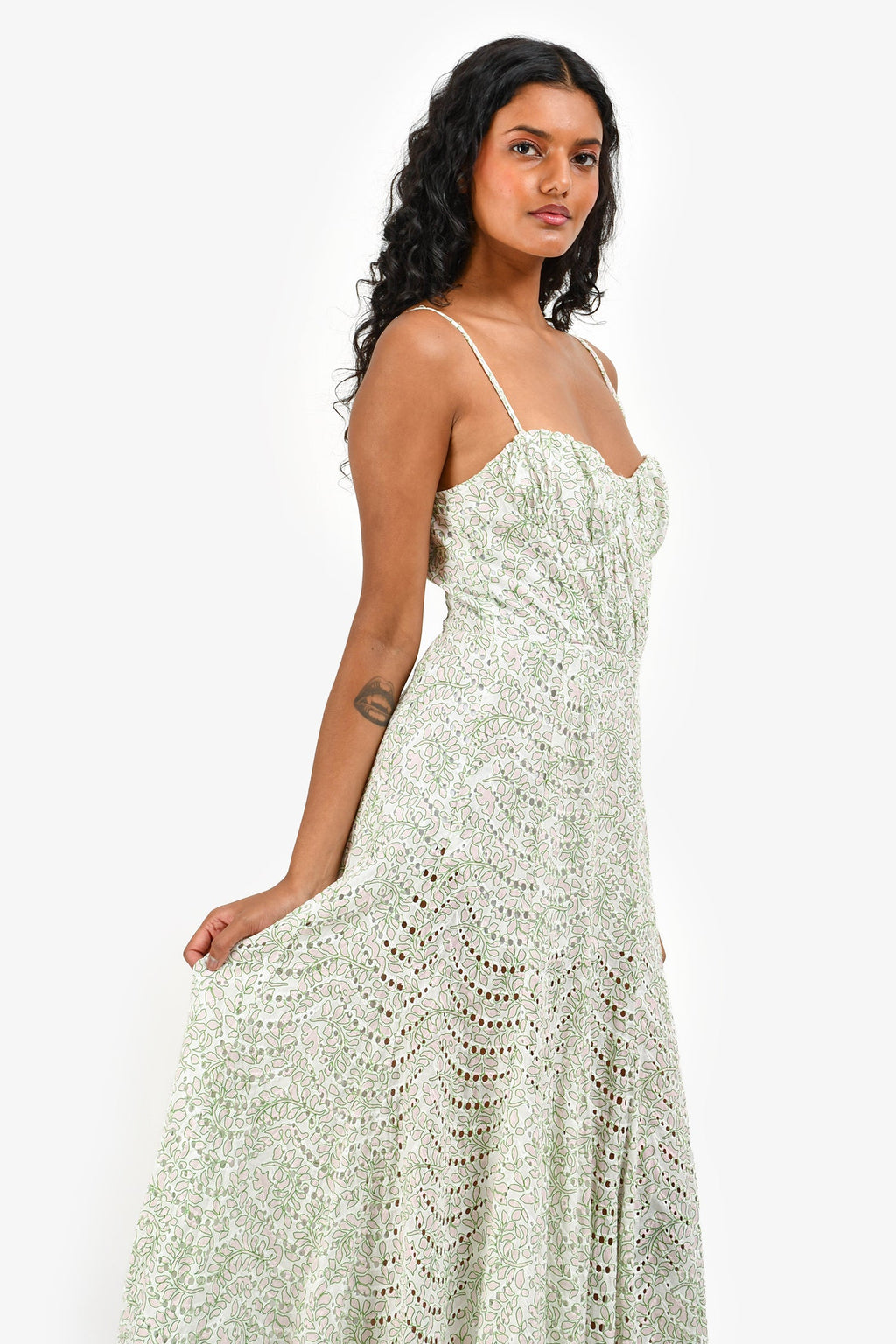 Misa Green/Pink Eyelet Cotton Midi Dress Size S