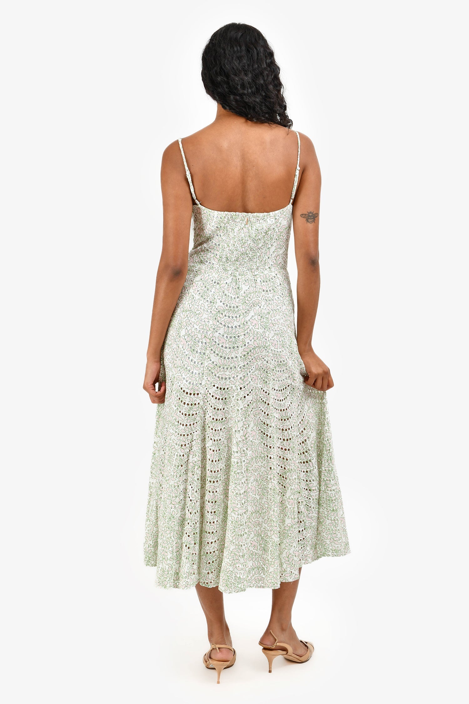Misa Green/Pink Eyelet Cotton Midi Dress Size S