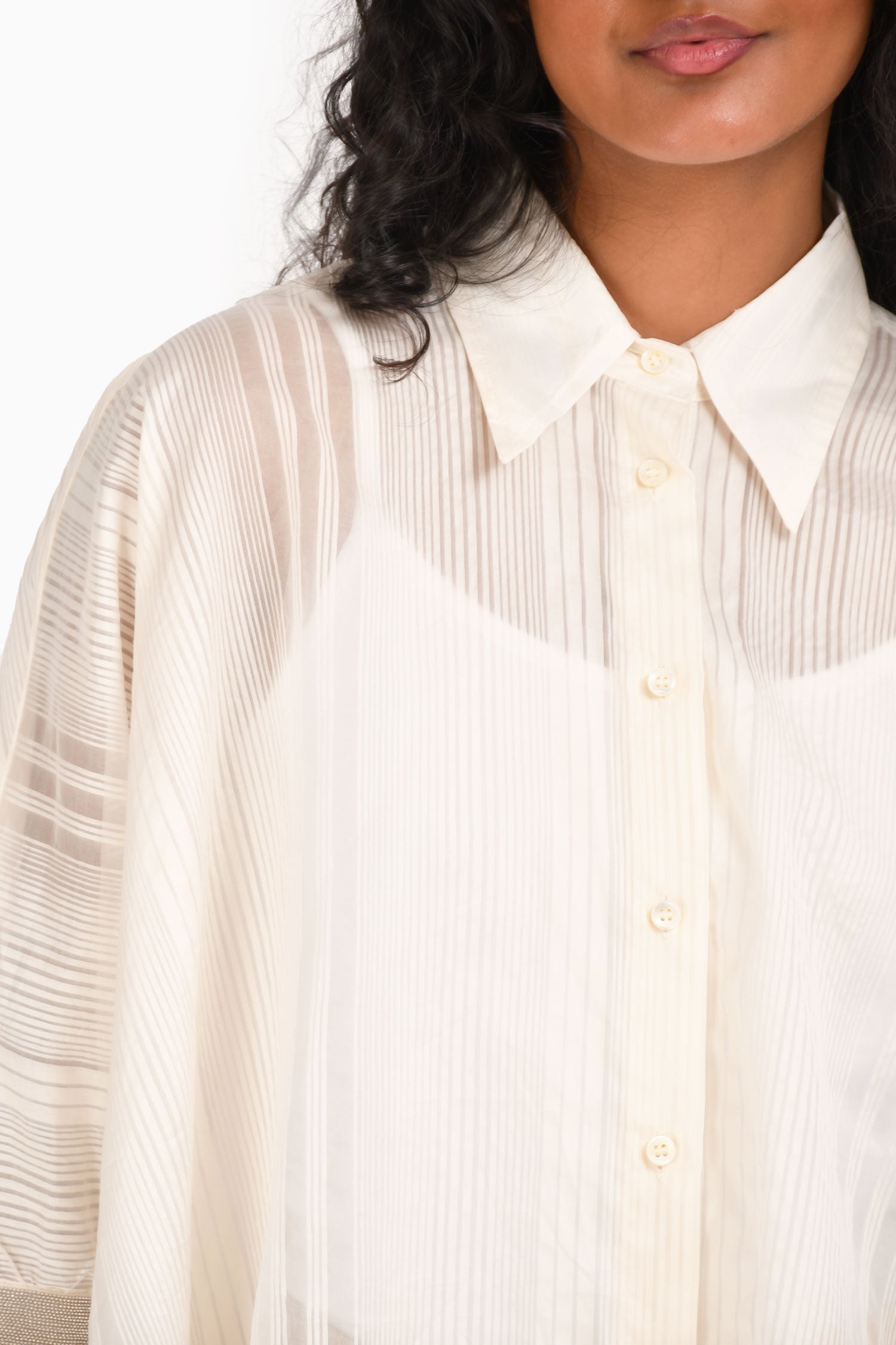 Brunello Cuccinelli Cream Silk/Cotton Striped Emboridered Sleeve Top Size S