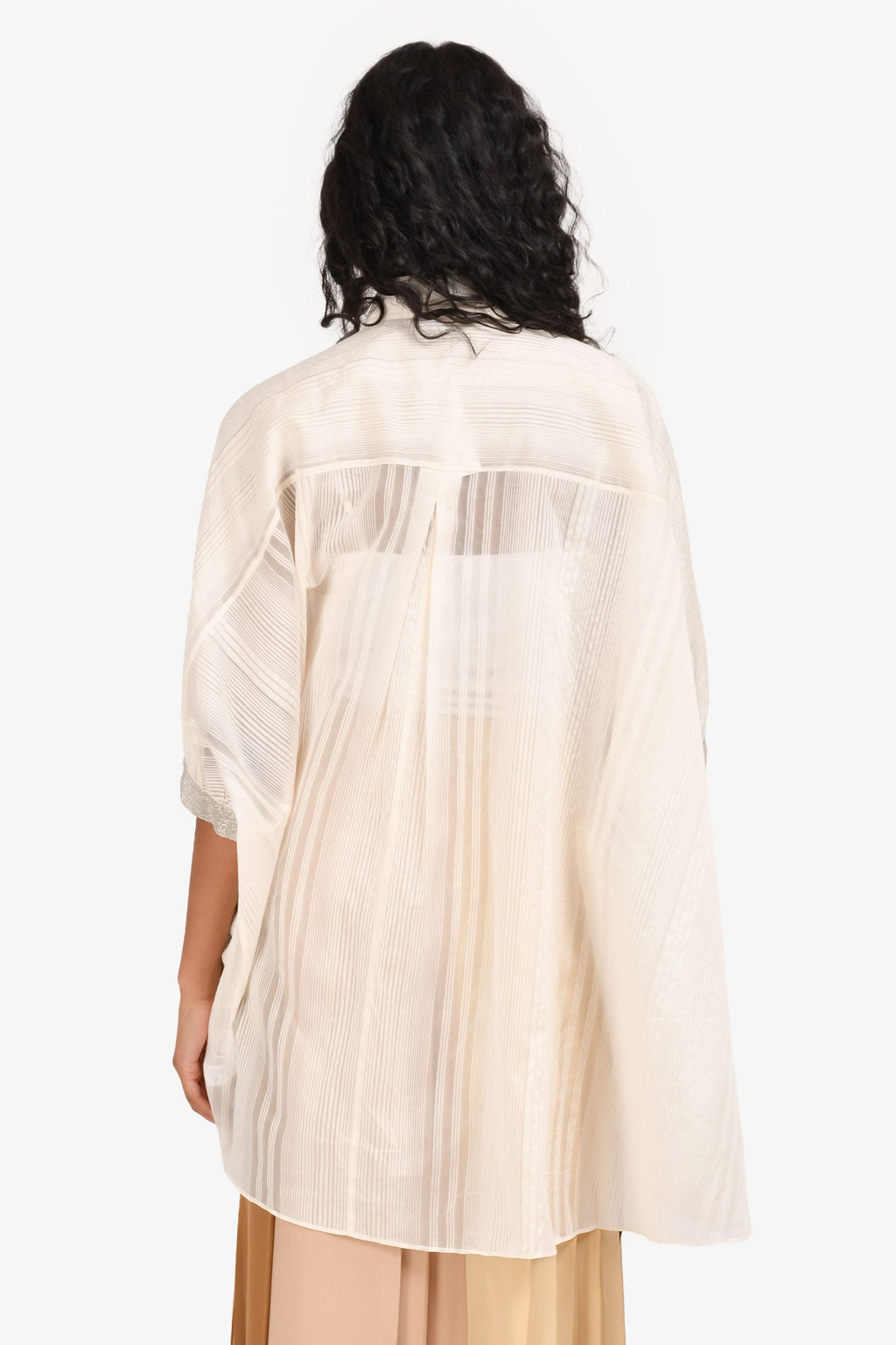 Brunello Cuccinelli Cream Silk/Cotton Striped Emboridered Sleeve Top Size S