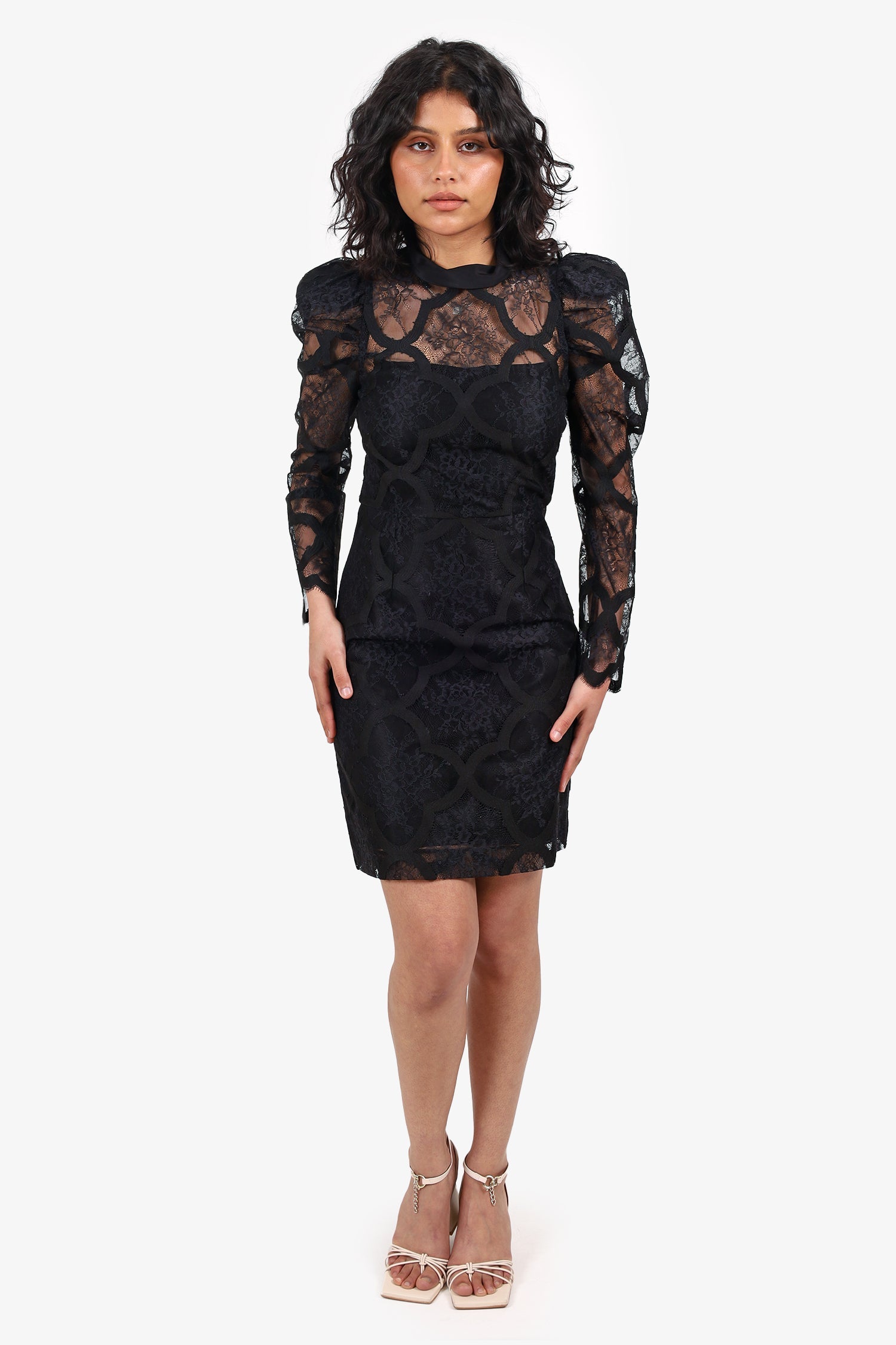 Sandro Black Lace Mock Neck Long Sleeve Mini Dress Size 34