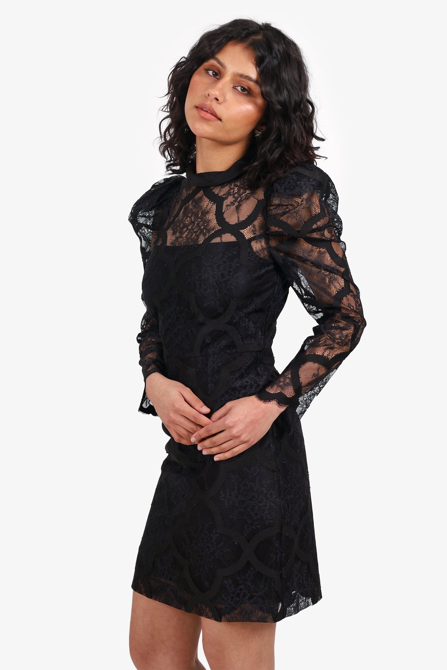 Sandro Black Lace Mock Neck Long Sleeve Mini Dress Size 34