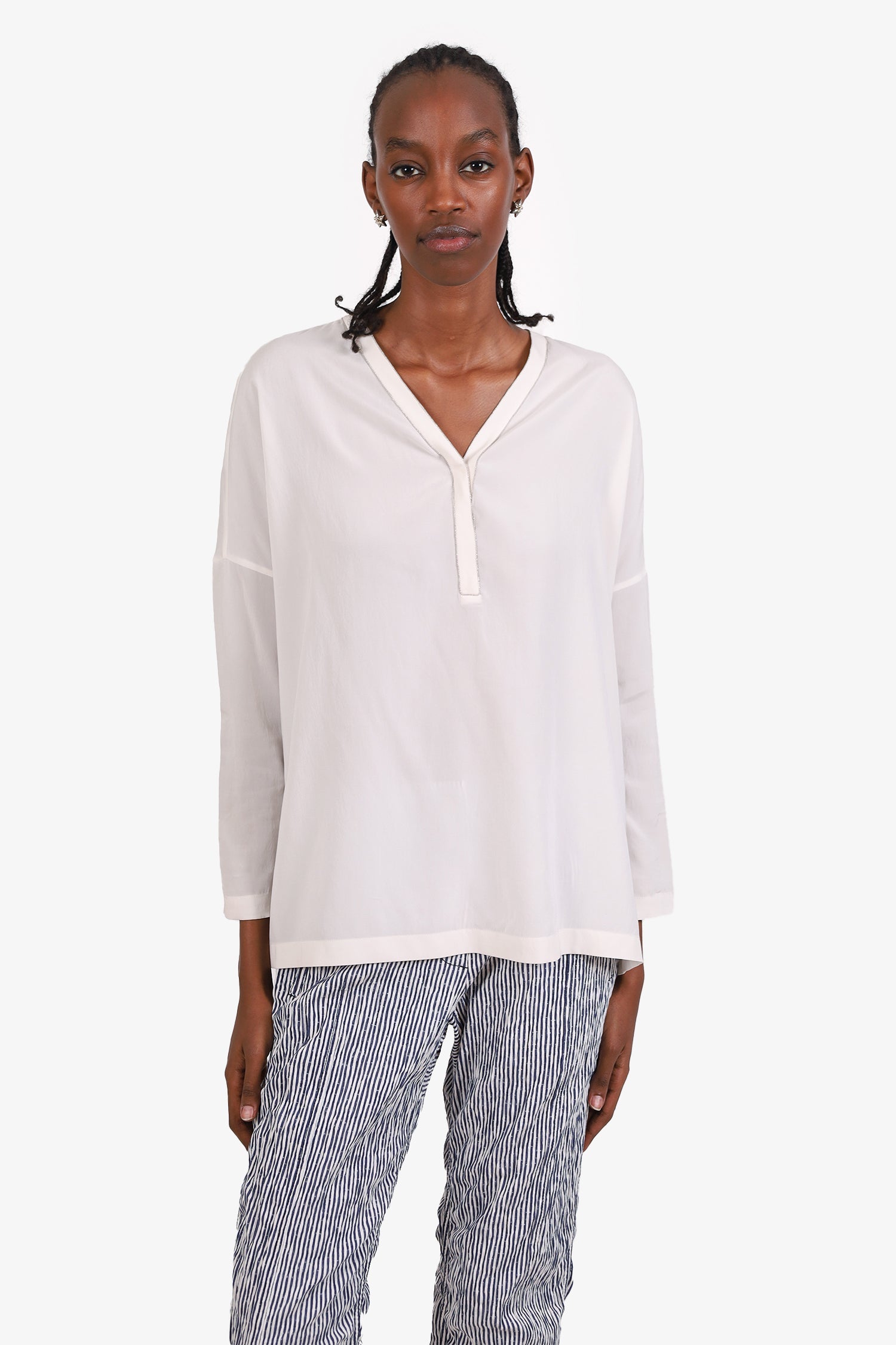 Brunello Cucinelli Cream Silk Beaded Trim Long Sleeve Blouse Size XS