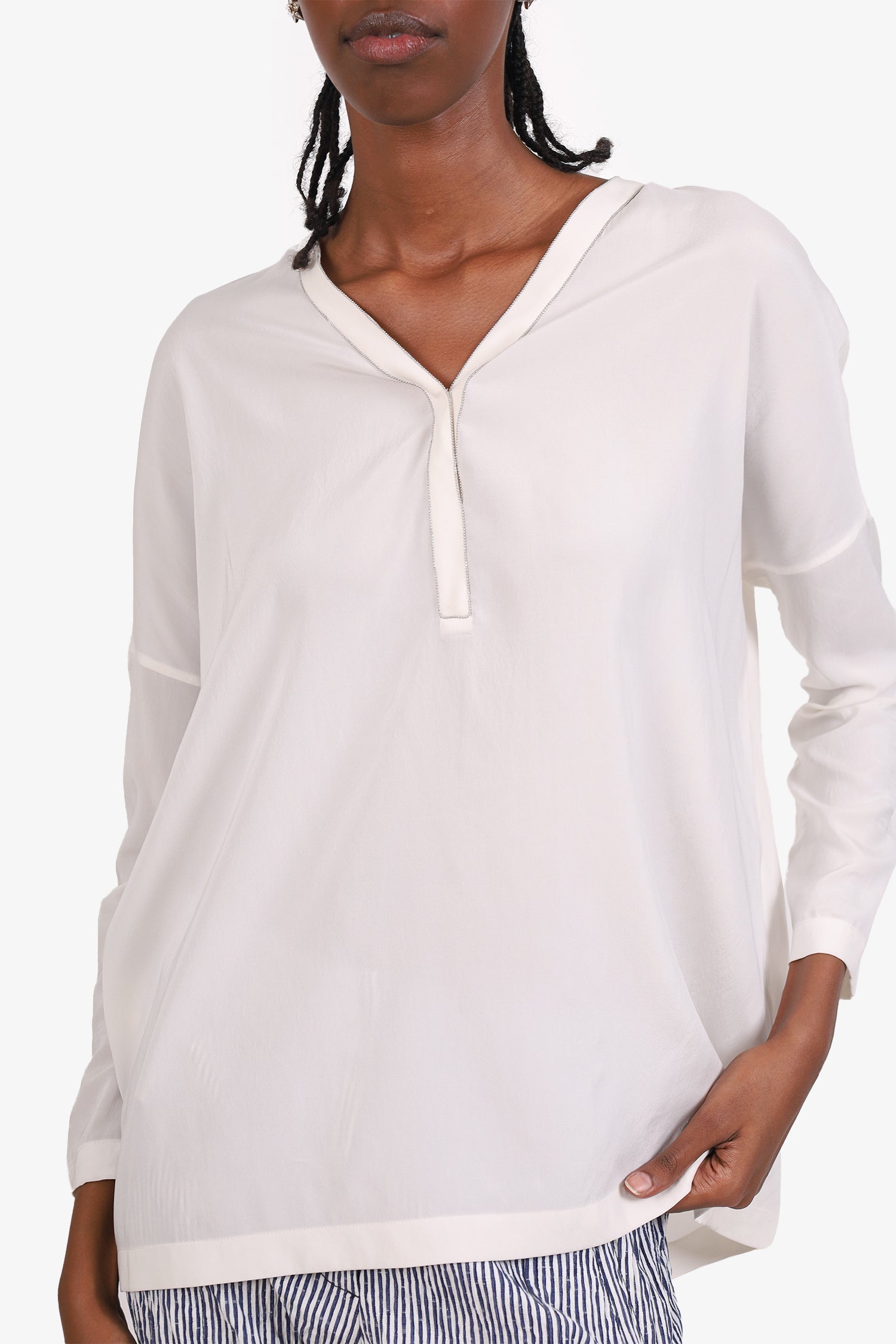 Brunello Cucinelli Cream Silk Beaded Trim Long Sleeve Blouse Size XS