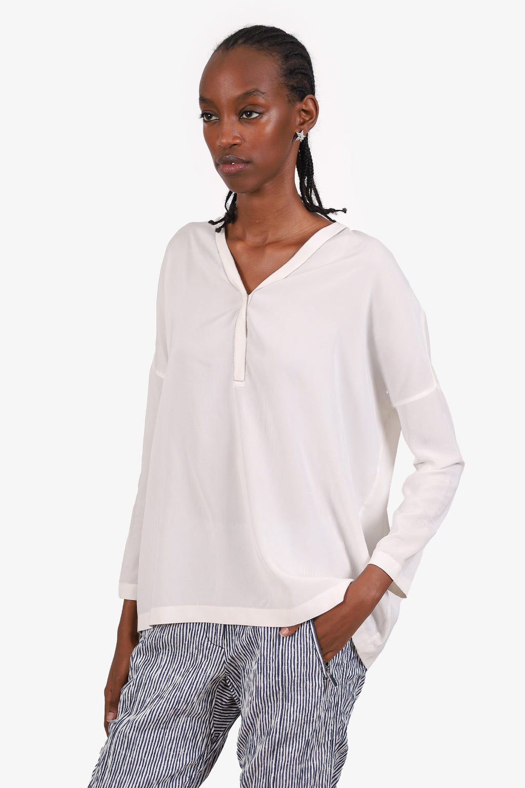 Brunello Cucinelli Cream Silk Beaded Trim Long Sleeve Blouse Size XS