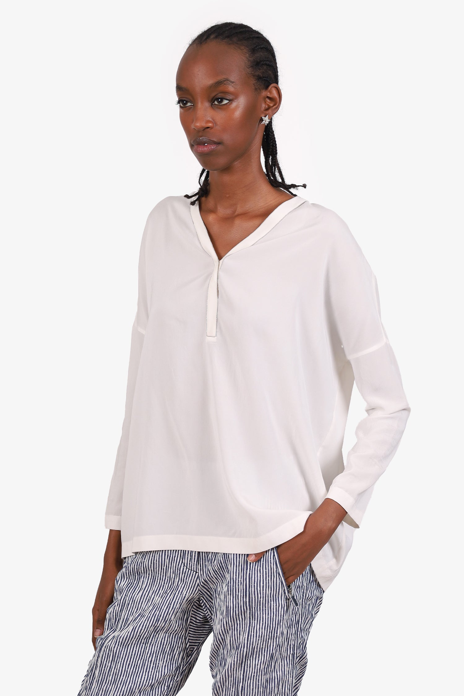 Brunello Cucinelli Cream Silk Beaded Trim Long Sleeve Blouse Size XS