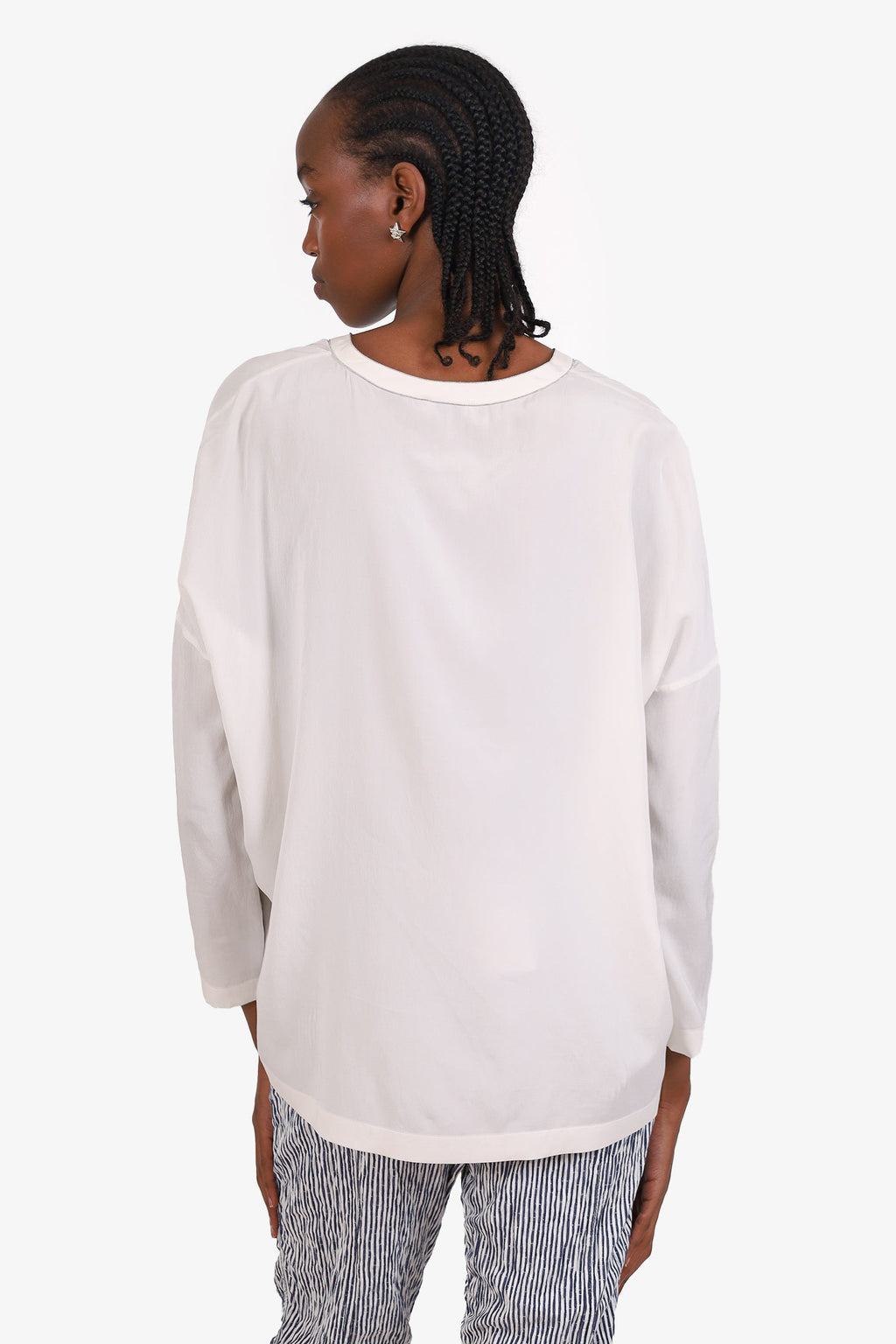 Brunello Cucinelli Cream Silk Beaded Trim Long Sleeve Blouse Size XS