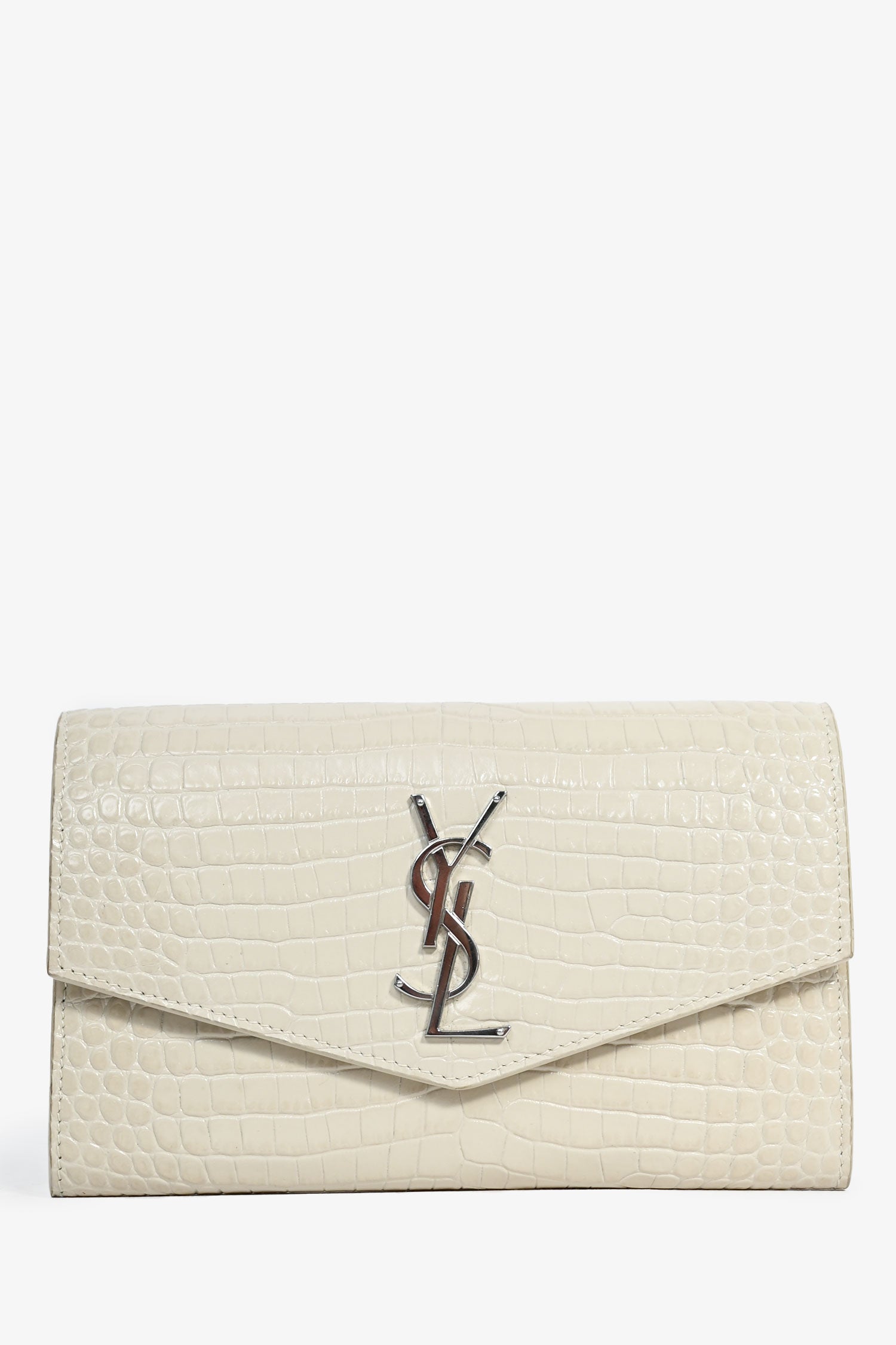 Saint Laurent 2020 Cream Croc Embossed Envelope Wallet On Chain with  Holder