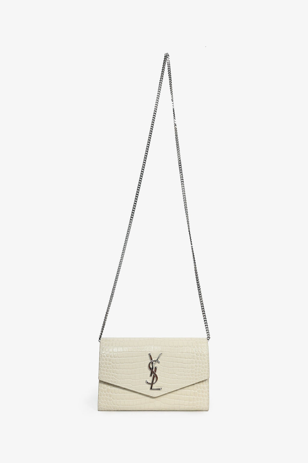 Saint Laurent 2020 Cream Croc Embossed Envelope Wallet On Chain with  Holder