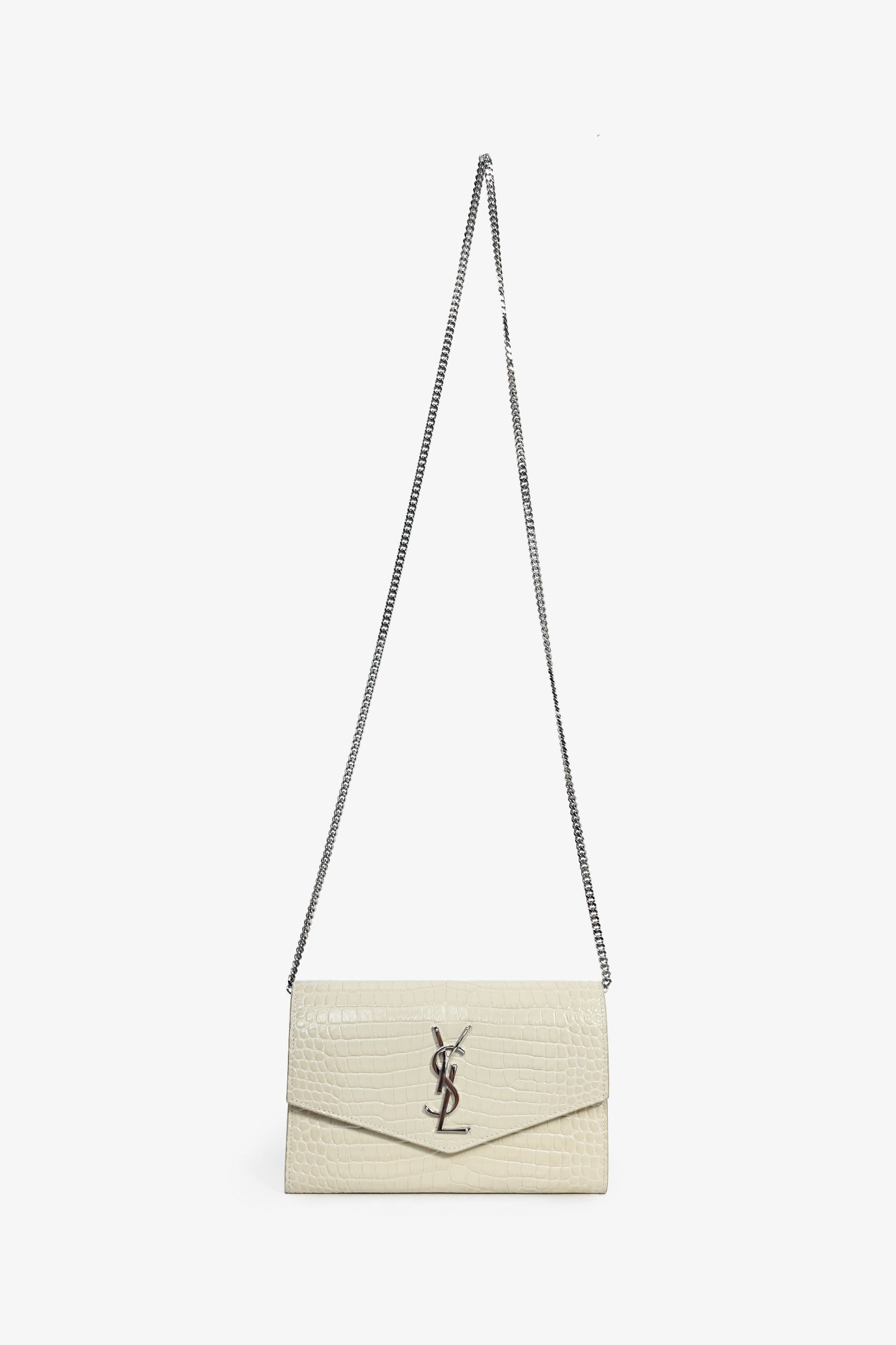 Saint Laurent 2020 Cream Croc Embossed Envelope Wallet On Chain with  Holder