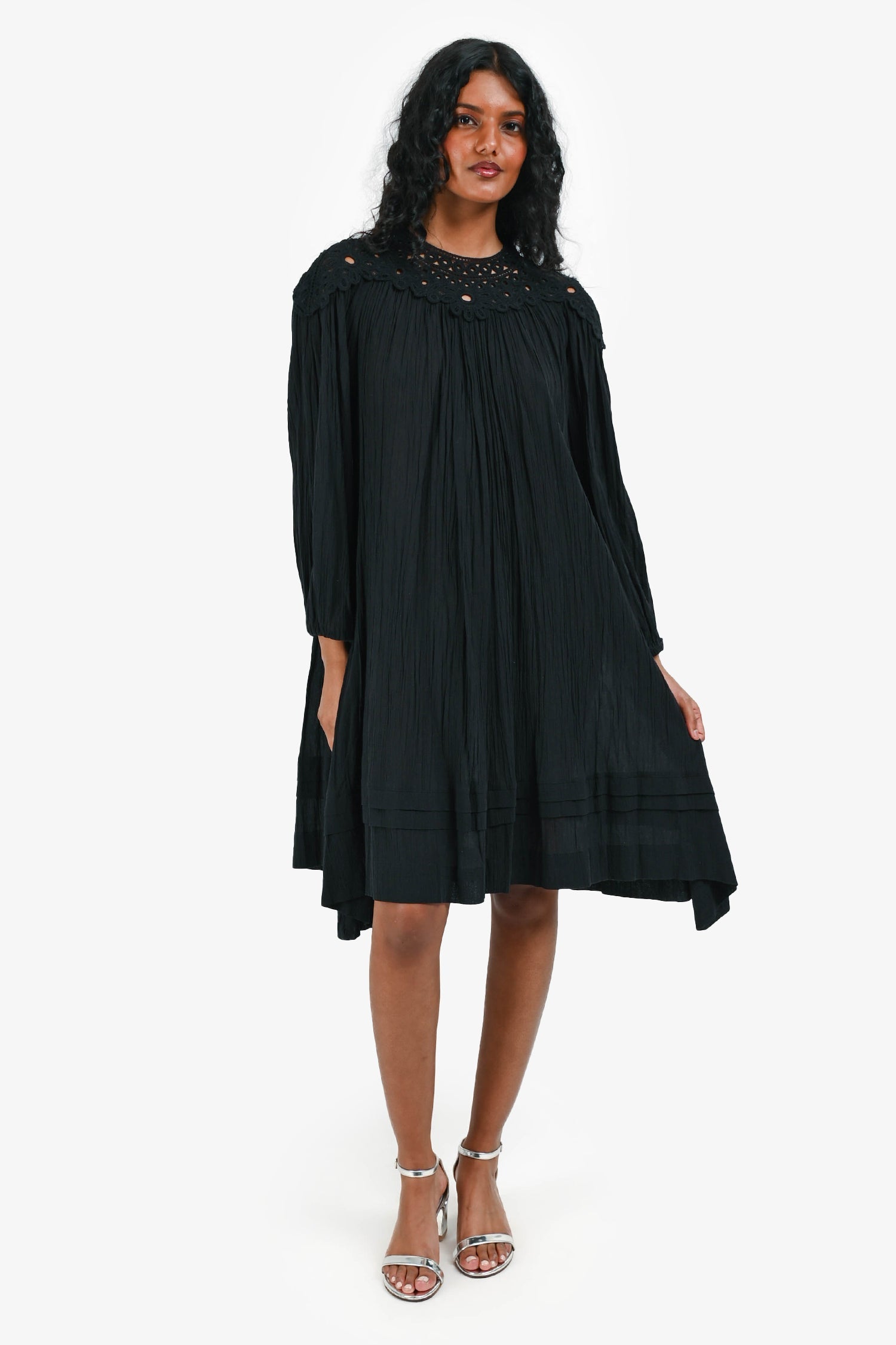 Isabel Marant Etoile Black Cotton Eyelet Crinkled Long Sleeves Dress Size 34
