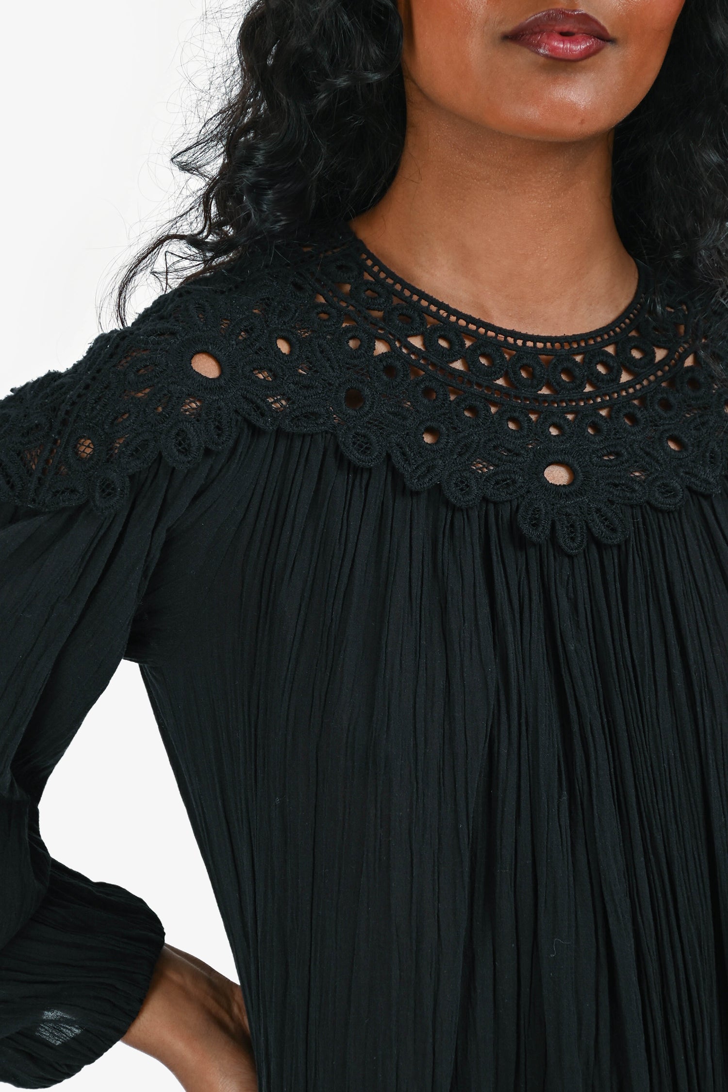 Isabel Marant Etoile Black Cotton Eyelet Crinkled Long Sleeves Dress Size 34